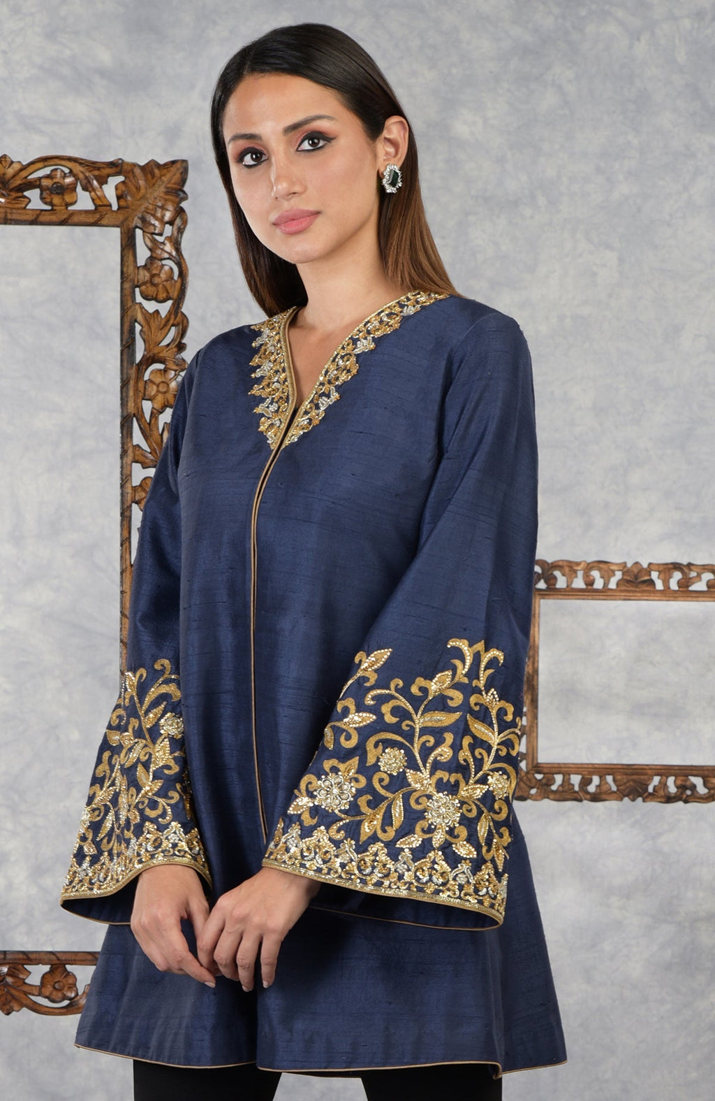 Mood Indigo Raw Silk Hand Embroidered Jacket with gold embroidery.