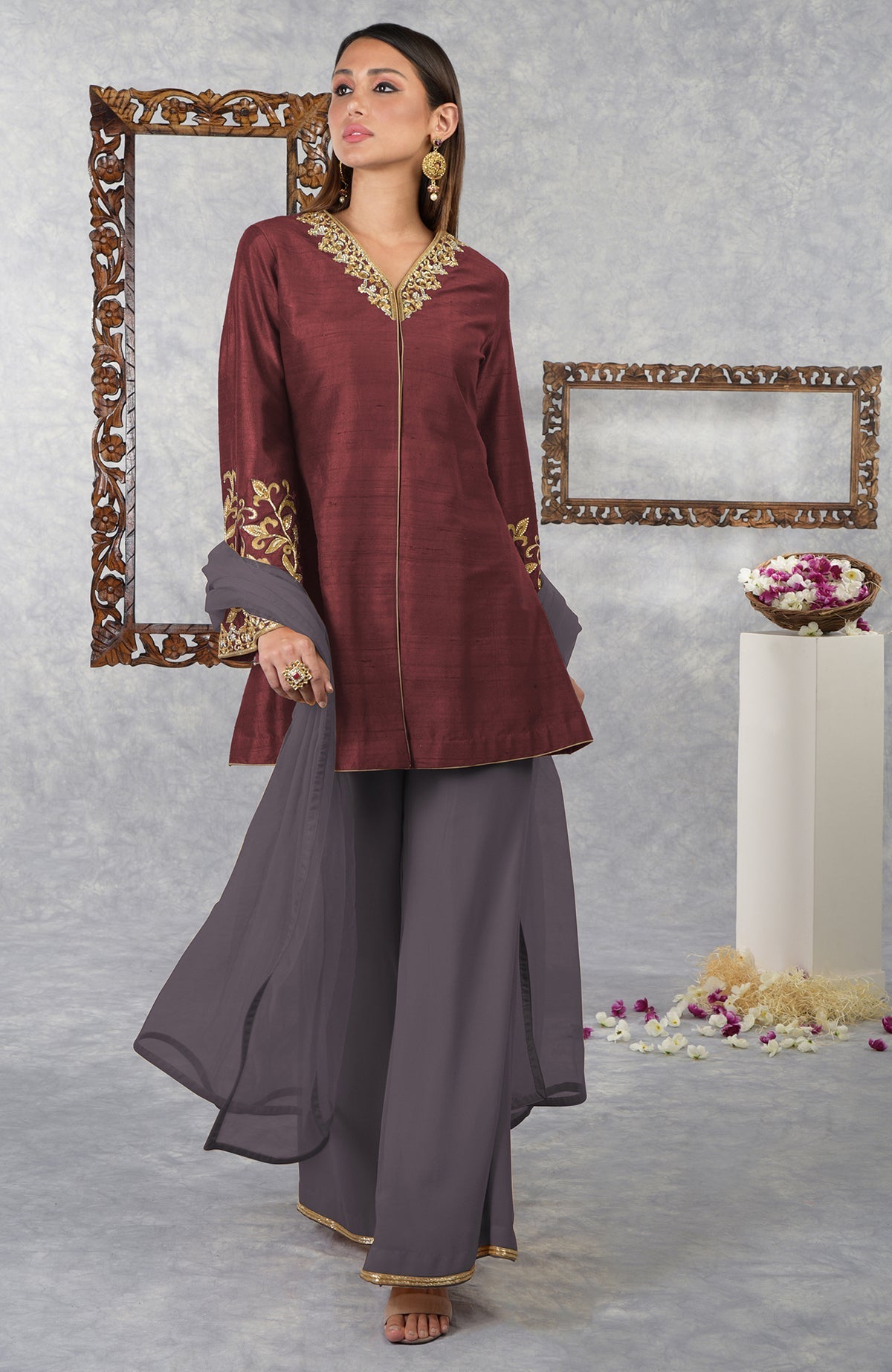 Pomegranate-mulled grape raw silk hand-embroidered jacket set with dupatta.
