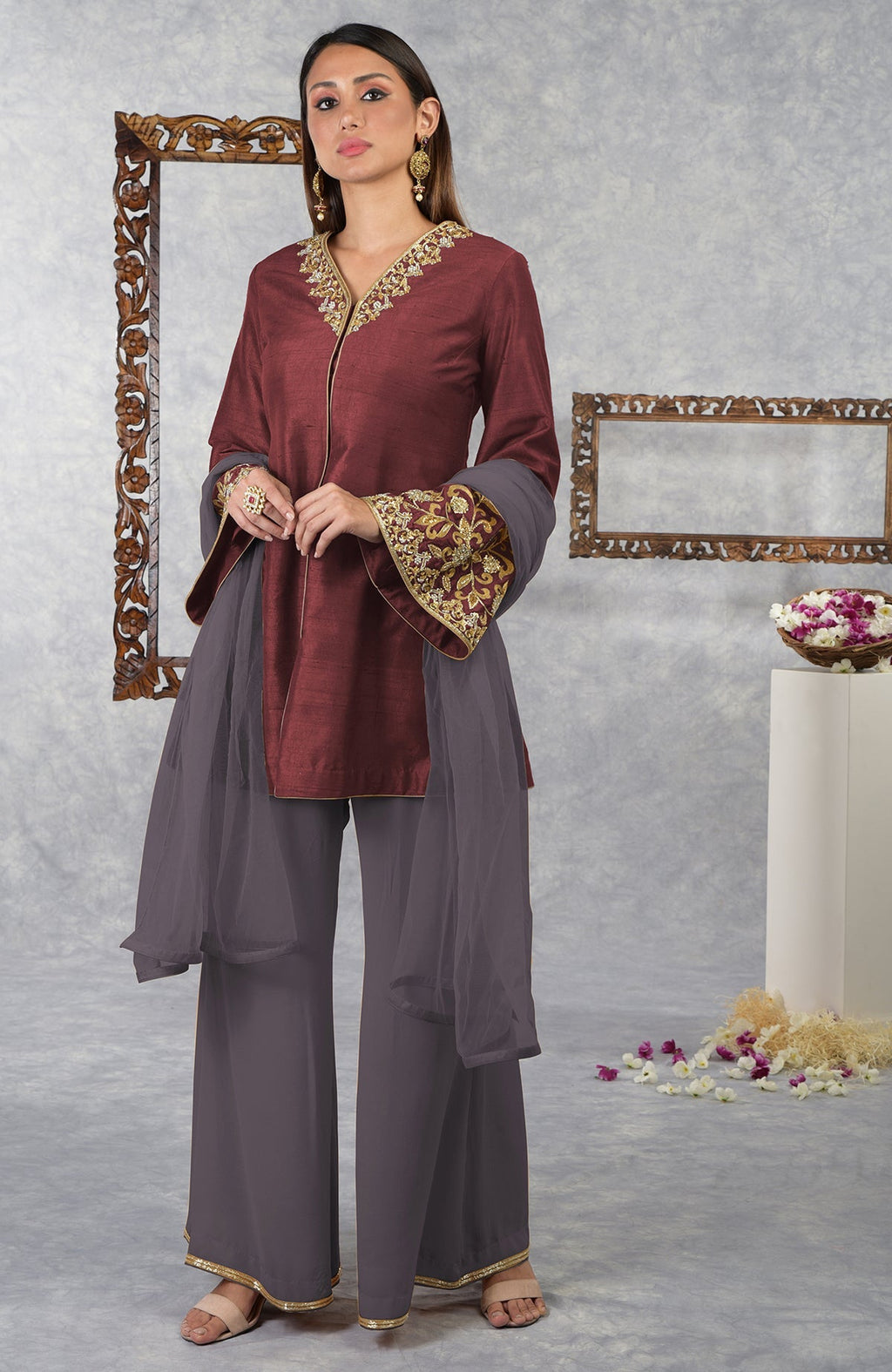 Pomegranate-mulled grape raw silk jacket set with hand embroidery and dupatta.