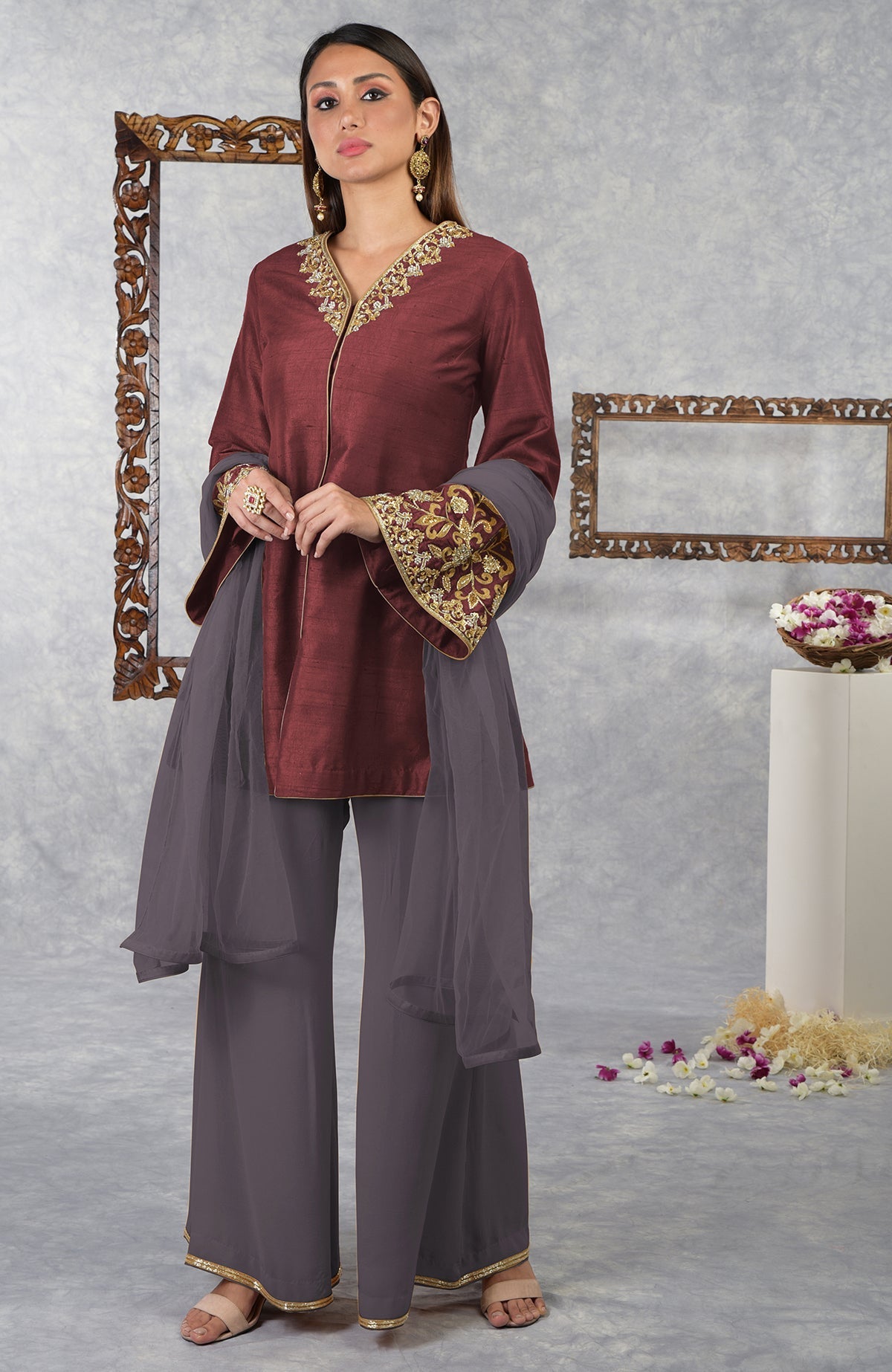 Pomegranate-mulled grape raw silk jacket set with hand embroidery and dupatta.