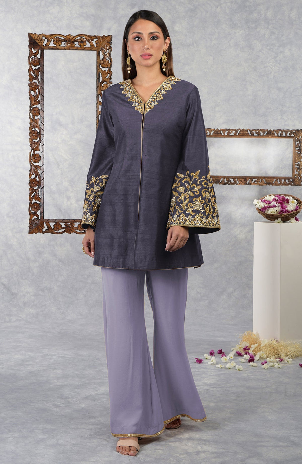 Smoky violet raw silk hand-embroidered jacket set with pastel lilac palazzo pants.