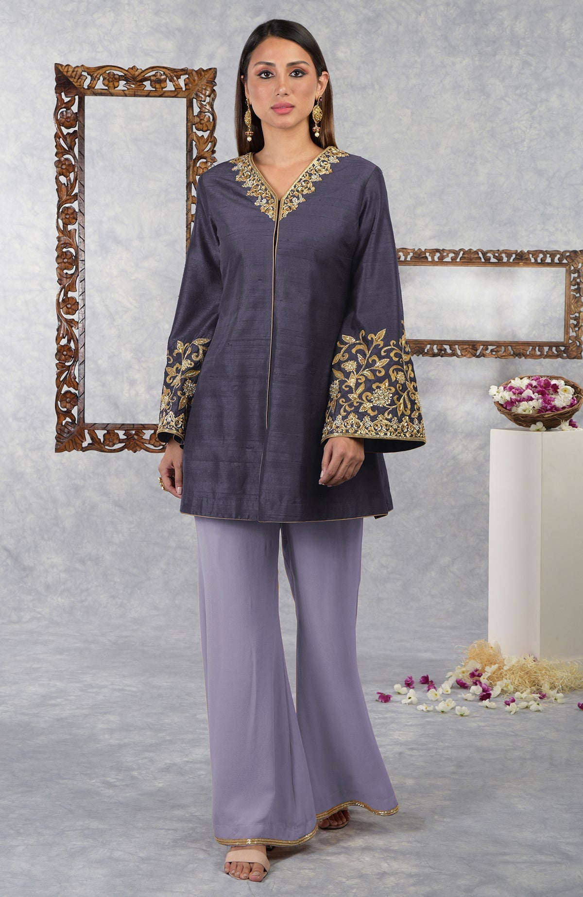 Smoky violet raw silk hand-embroidered jacket set with pastel lilac palazzo pants.