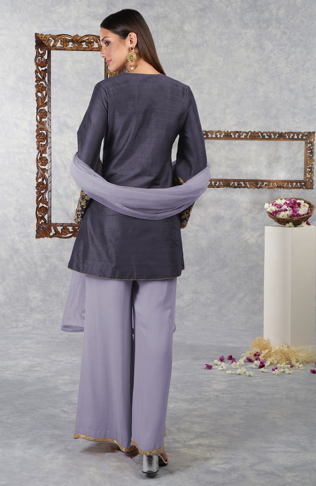 Smoky violet raw silk hand-embroidered jacket set with pastel lilac dupatta.