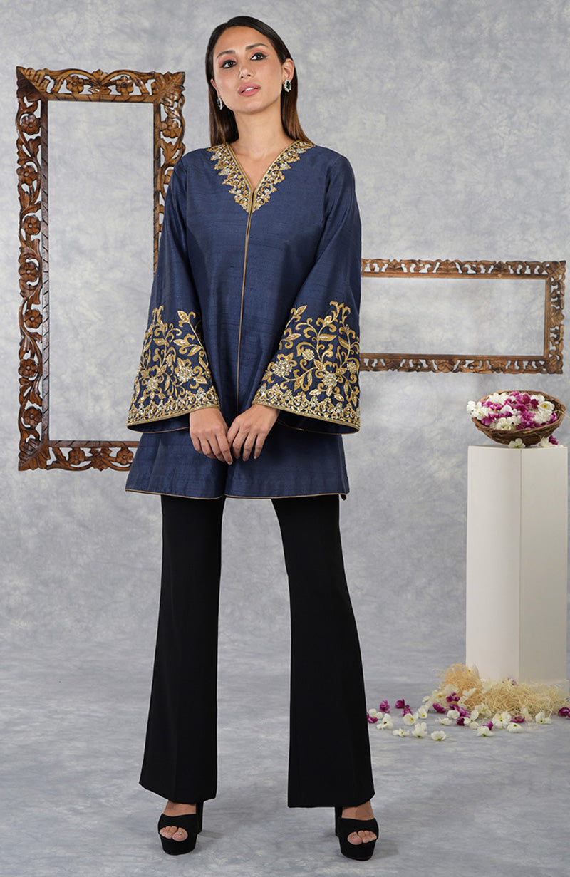 Mood Indigo Raw Silk Hand Embroidered Jacket with High Waisted Flared Pants.