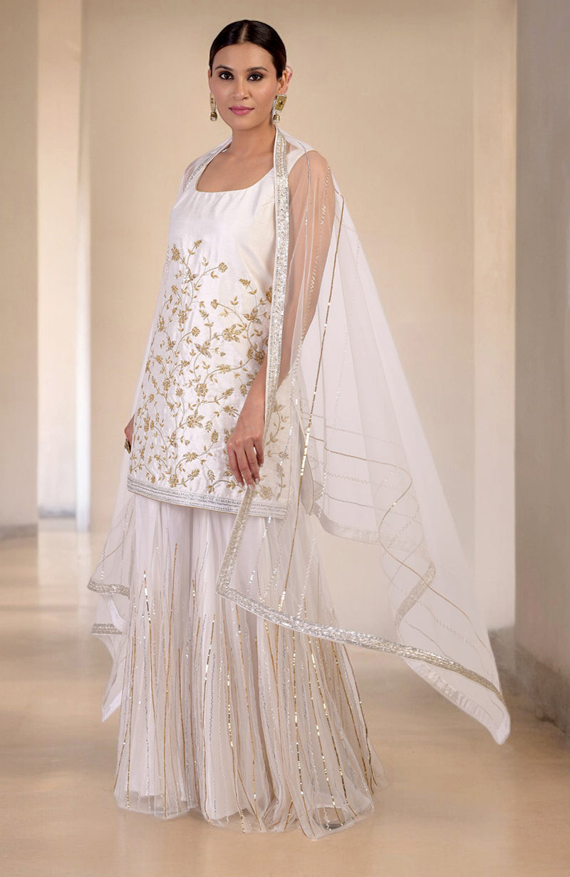 White-gold hand-embroidered raw silk-tulle sharara set with floral motifs and silver-gold sequins