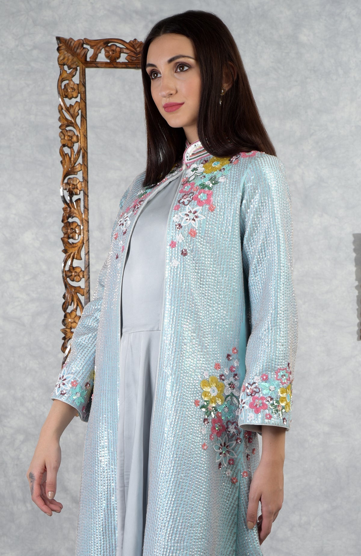 Aqua-grey sequin hand-embroidered jacket set with floral details.