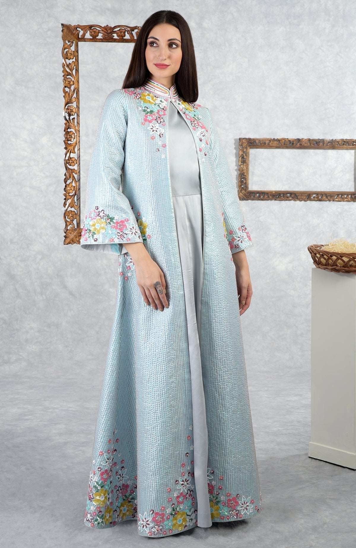 Aqua-grey sequin hand-embroidered jacket set with a floral design and bell sleeves.
