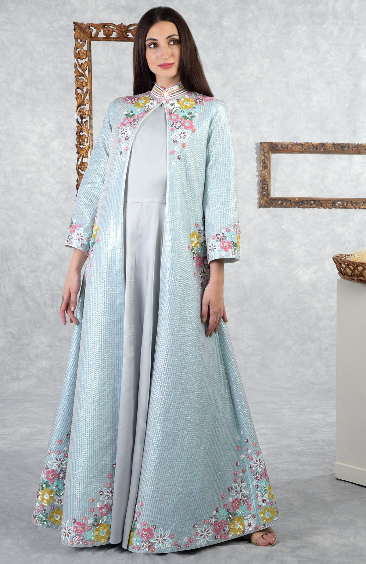 Aqua-grey sequin hand-embroidered jacket set with floral details and a matching inner dress.