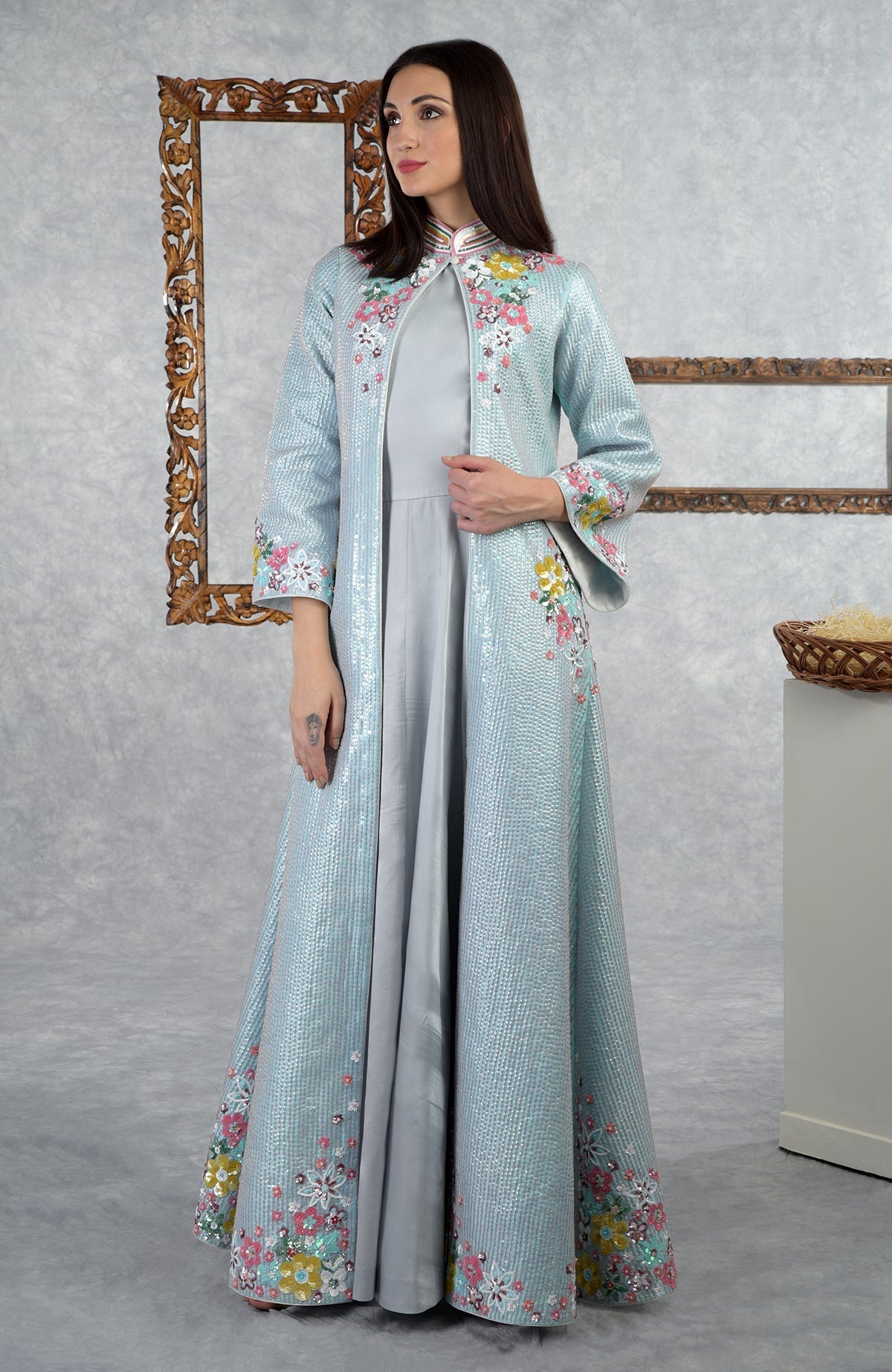 Aqua-grey sequin hand-embroidered jacket set with floral details.