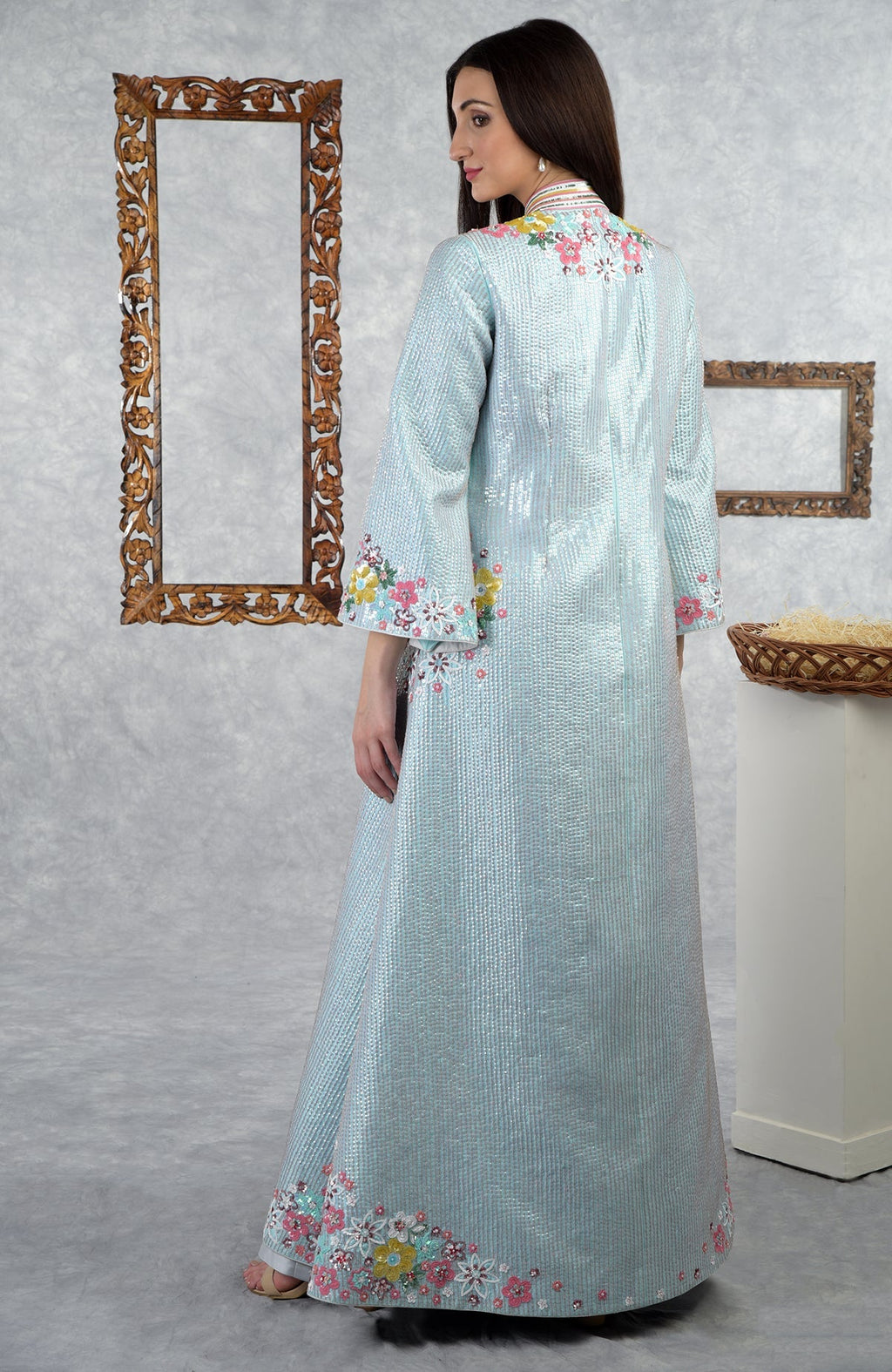 Aqua-grey sequin hand-embroidered jacket set with floral details.