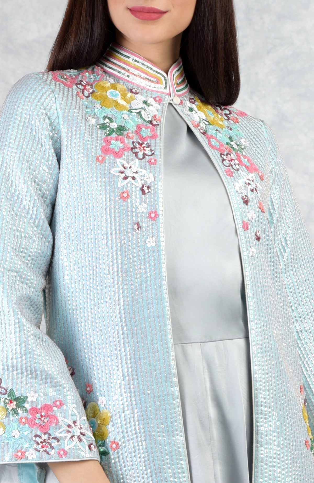 Aqua-grey sequin hand-embroidered jacket set with floral details and a mandarin collar.