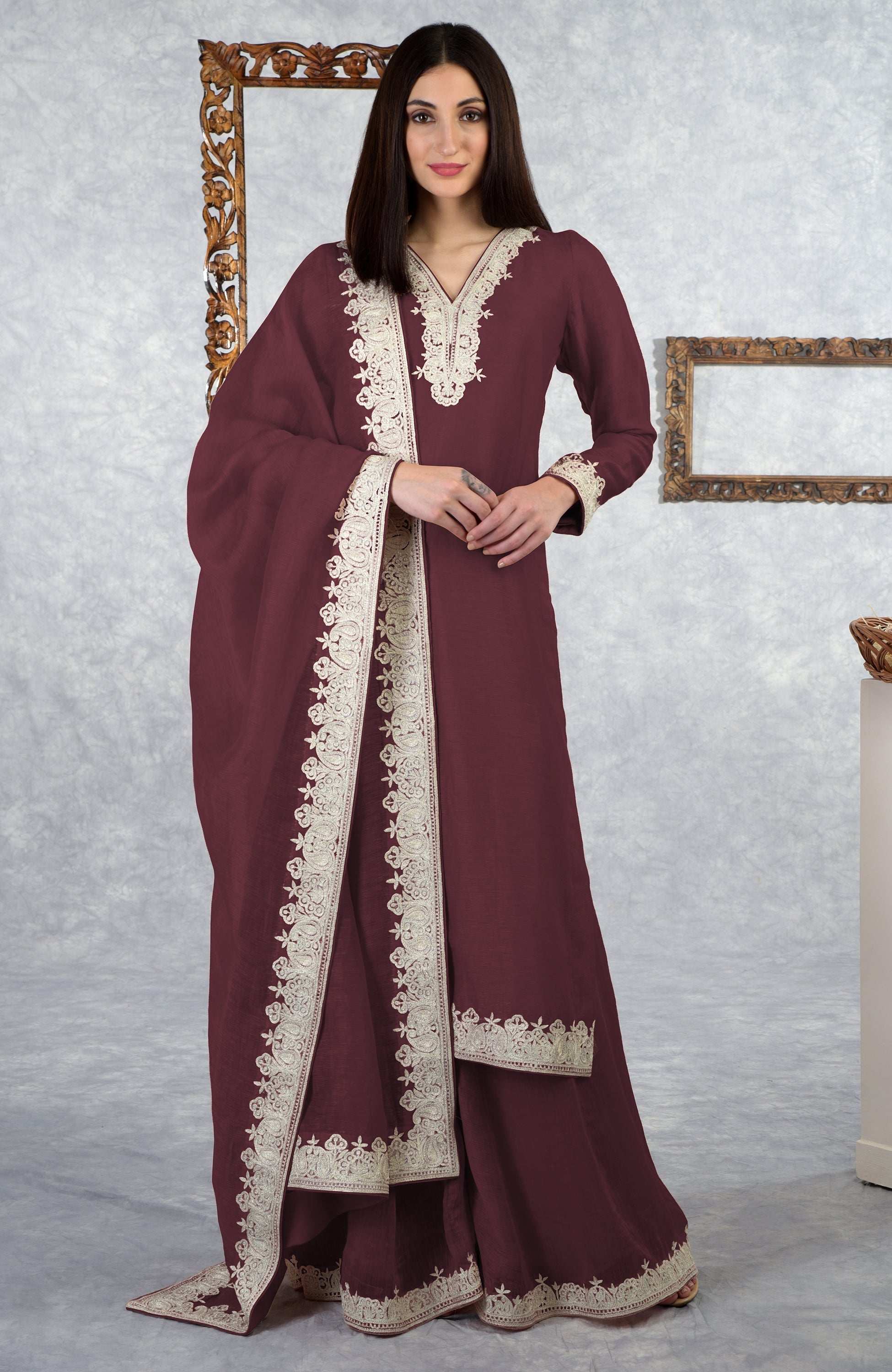 Elderberry linen silk kurta set with Kashmiri silver Tilla embroidery and kalidar sharara.
