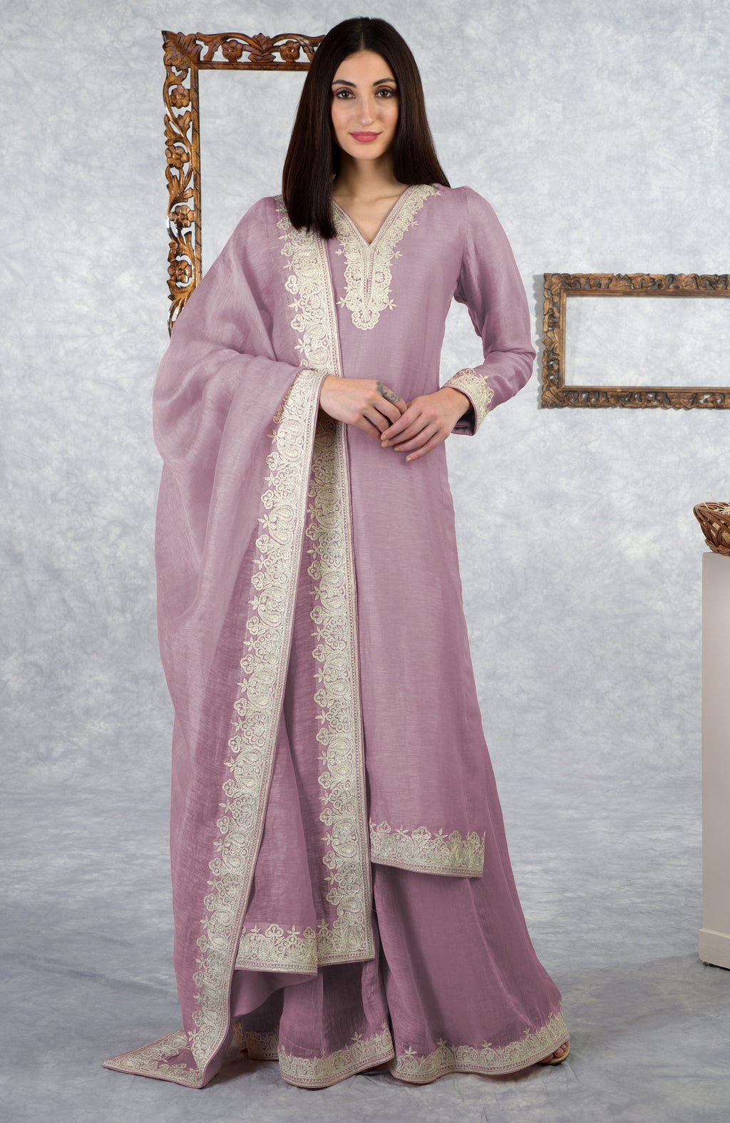 Elderberry linen silk kurta set with Kashmiri silver Tilla embroidery and kalidar sharara.