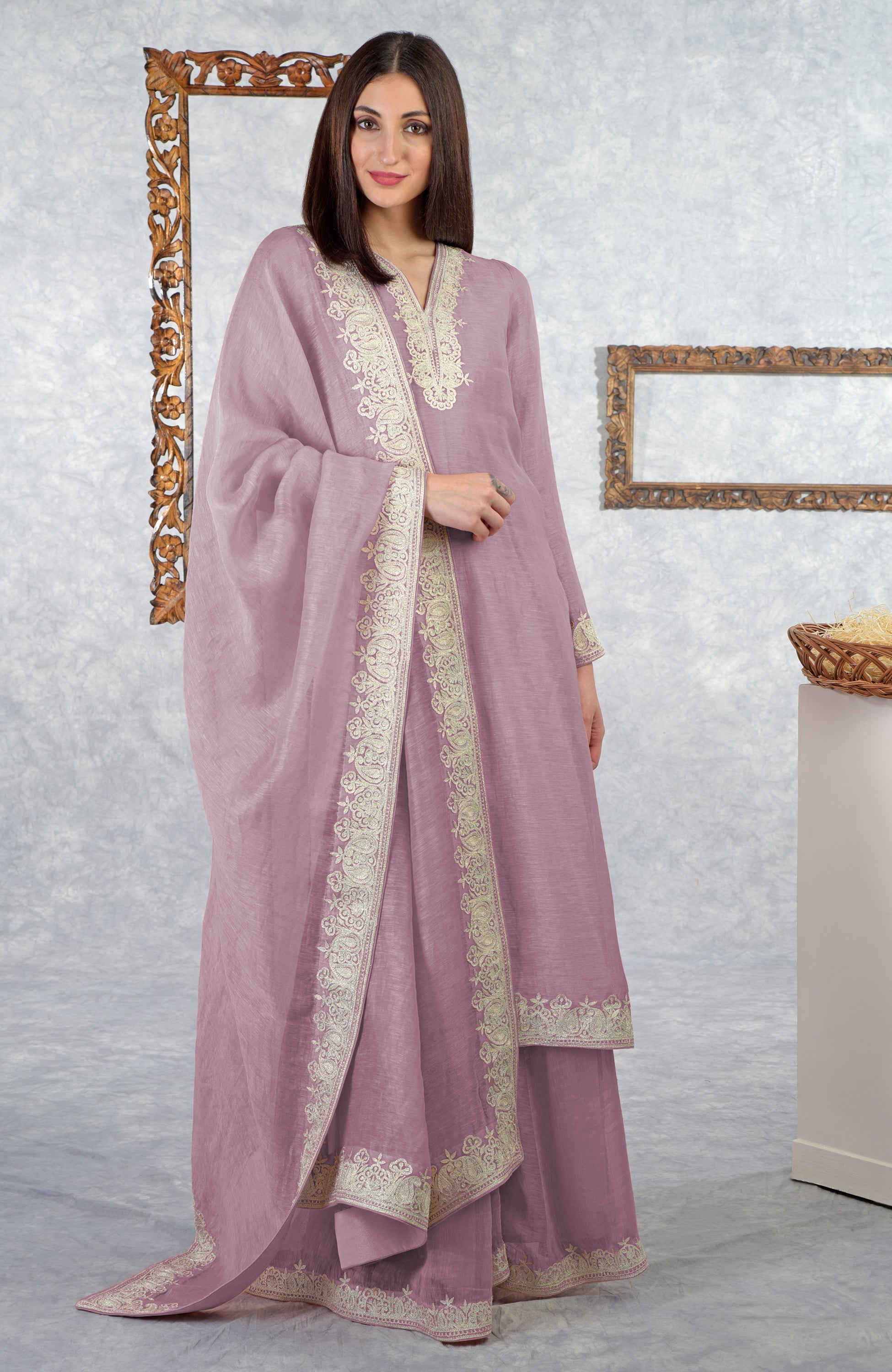 Elderberry linen silk kurta set with Kashmiri silver Tilla embroidery and kalidar sharara