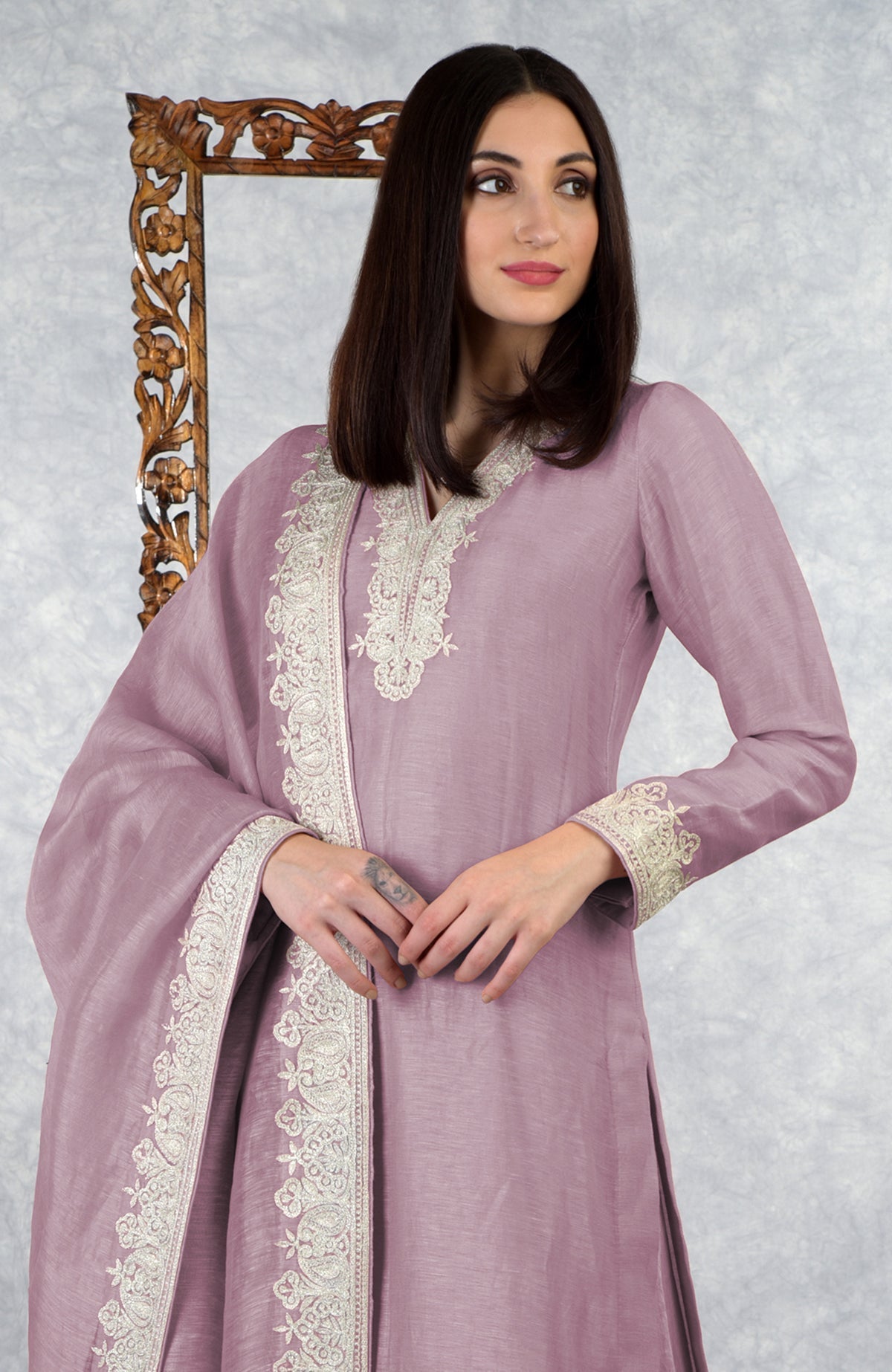 Elderberry linen silk kurta set with Kashmiri silver Tilla embroidery and matching dupatta.