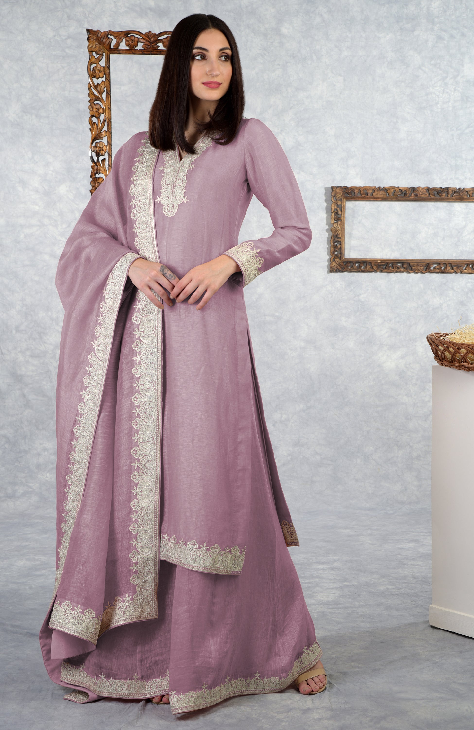 Elderberry linen silk kurta set with Kashmiri silver Tilla embroidery and kalidar sharara.