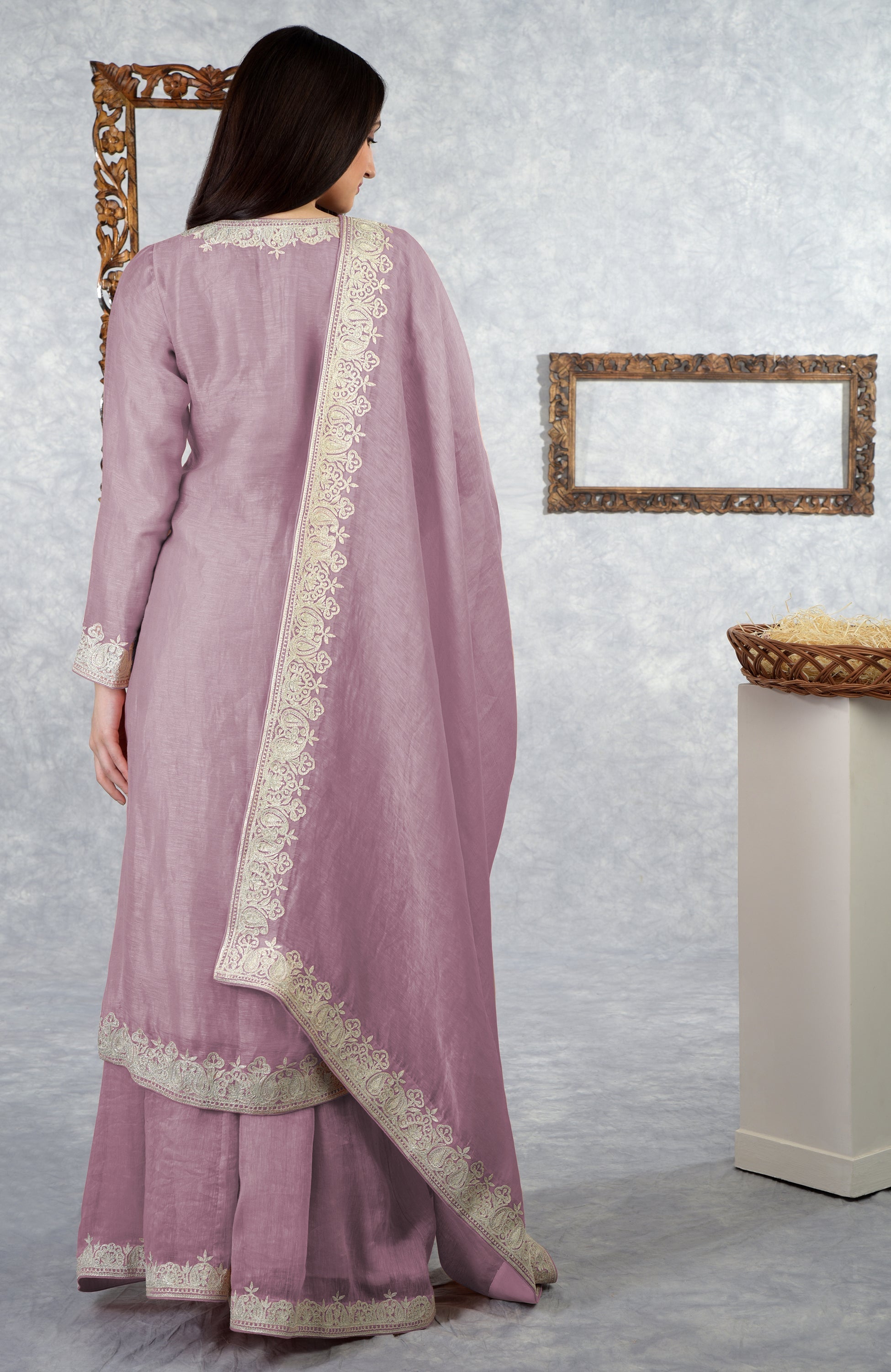 Elderberry linen silk kurta set with Kashmiri silver Tilla embroidery and kalidar sharara.