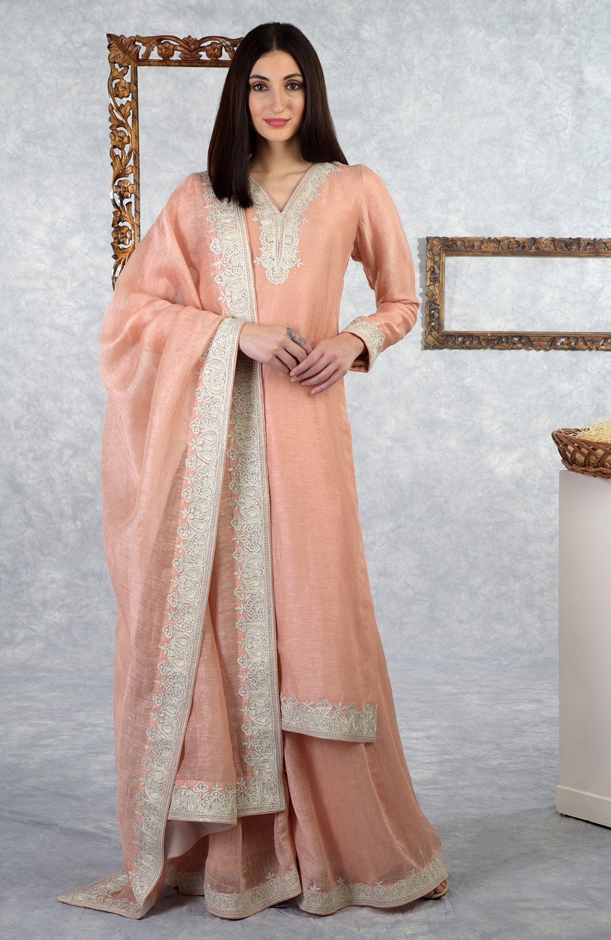Elderberry linen silk kurta set with Kashmiri silver Tilla embroidery and kalidar sharara.