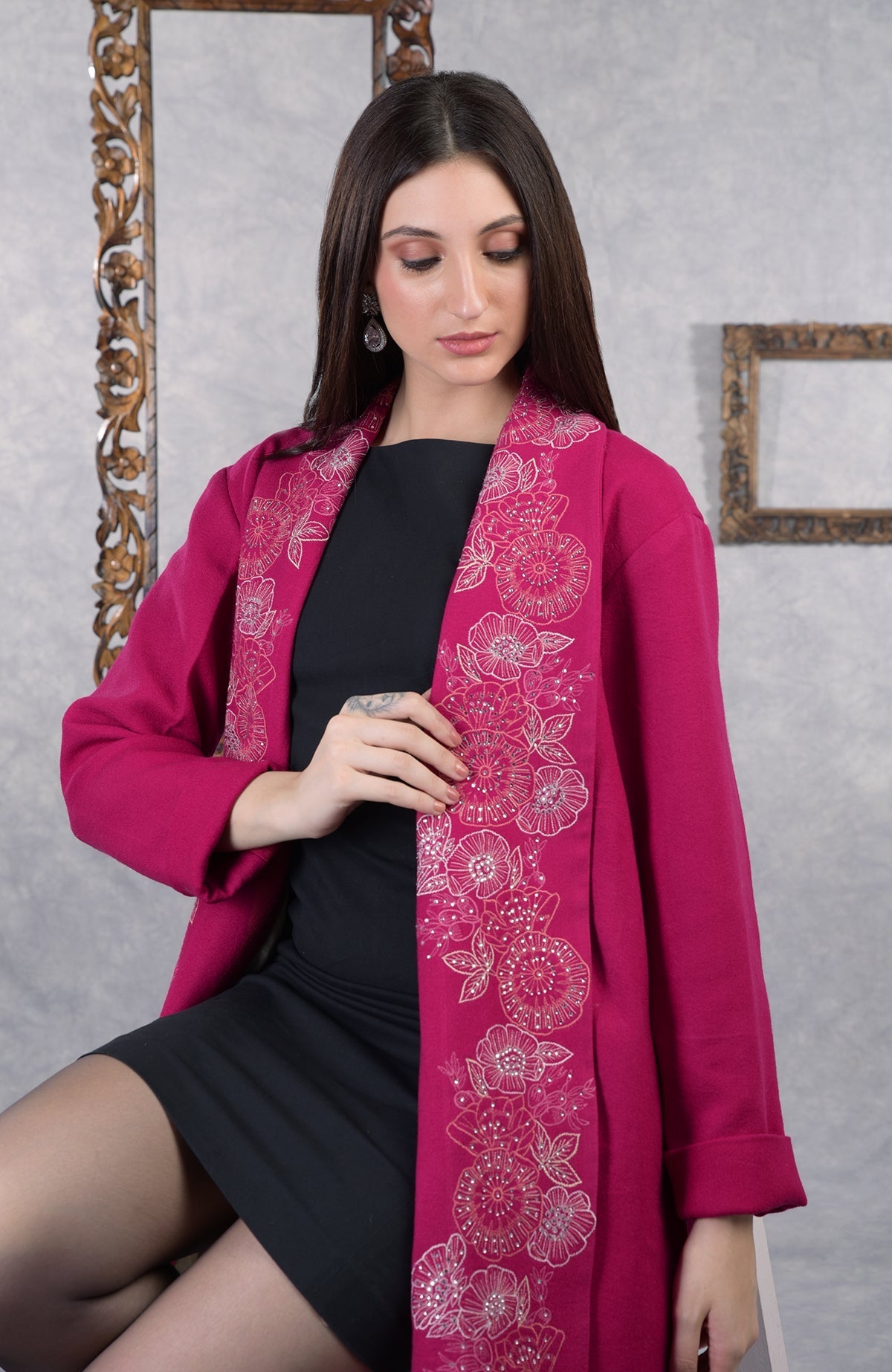 Frida fuchsia rose floral embroidered pure wool crepe jacket.