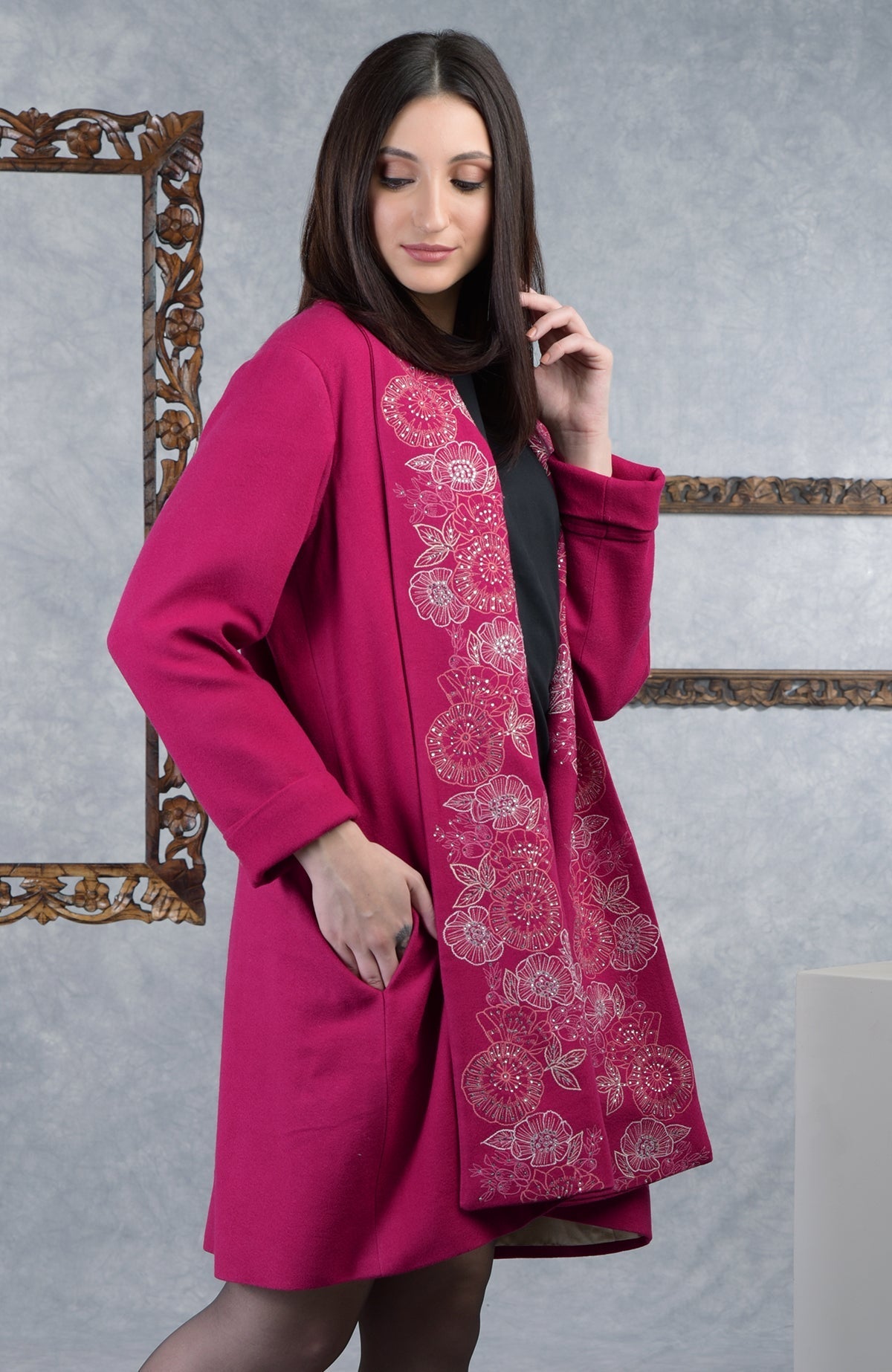 Frida Fuchsia Rose Floral Embroidered Pure Wool Crepe Jacket.
