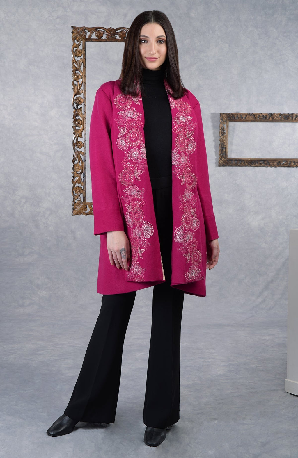 Frida fuchsia rose floral embroidered pure wool crepe jacket.
