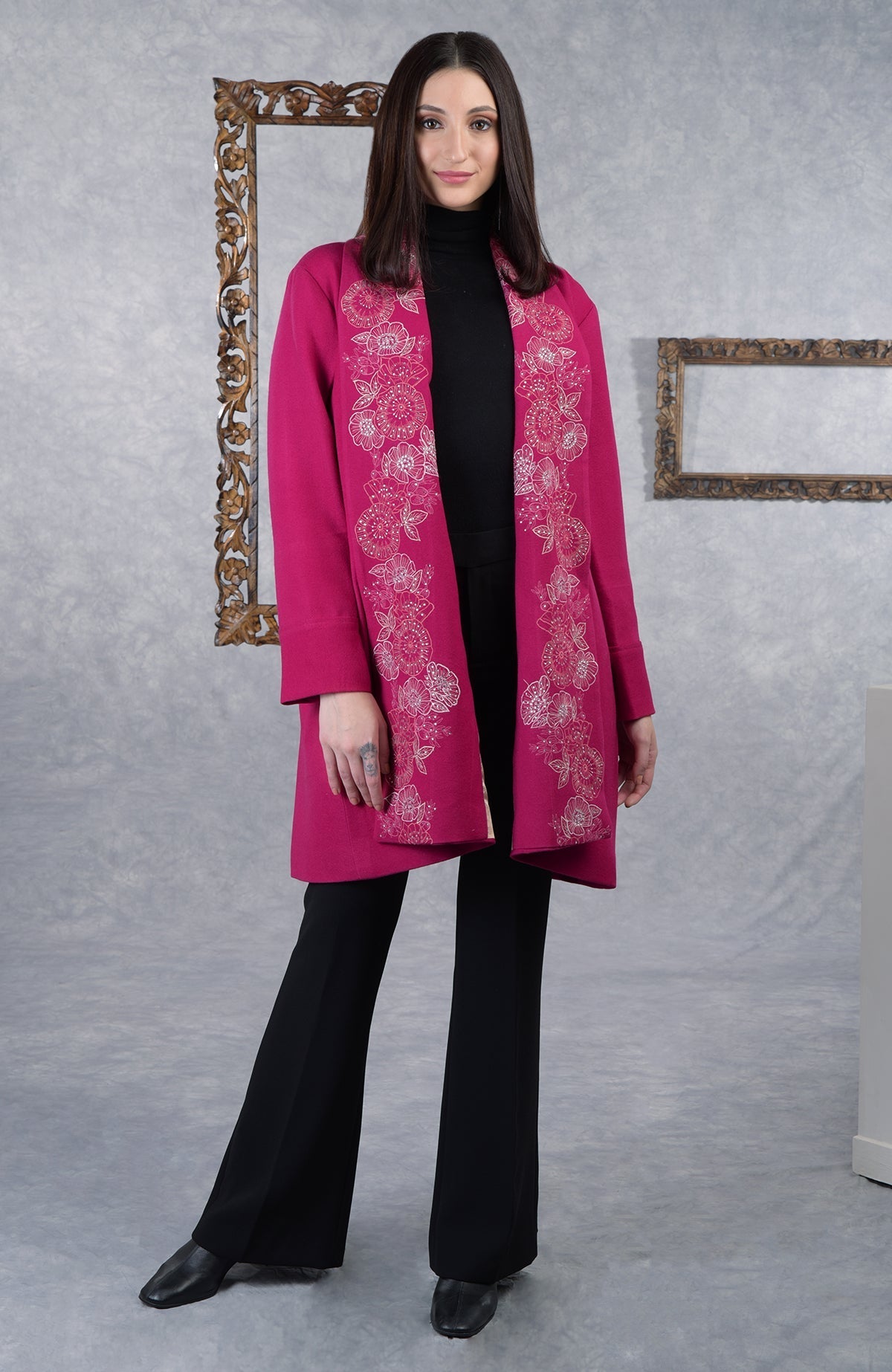 Frida fuchsia rose floral embroidered pure wool crepe jacket.
