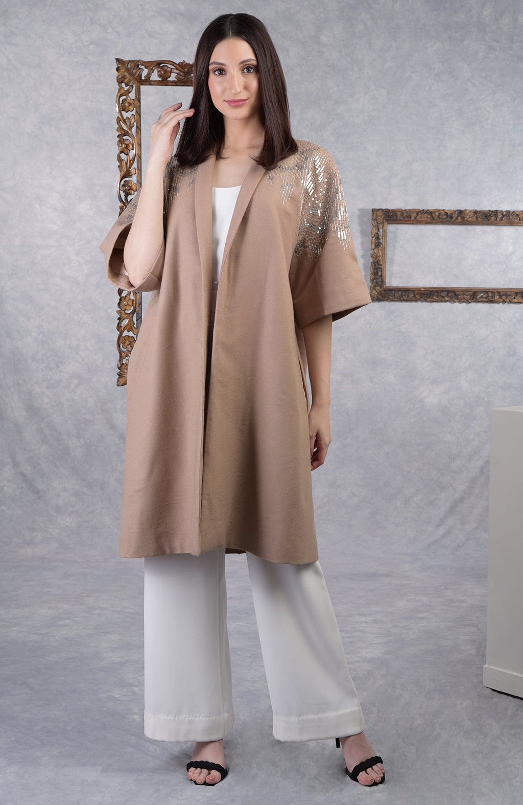 Camel beige wool crepe kimono jacket with silver sequin and cutbead embroidery on shoulders and sleeves