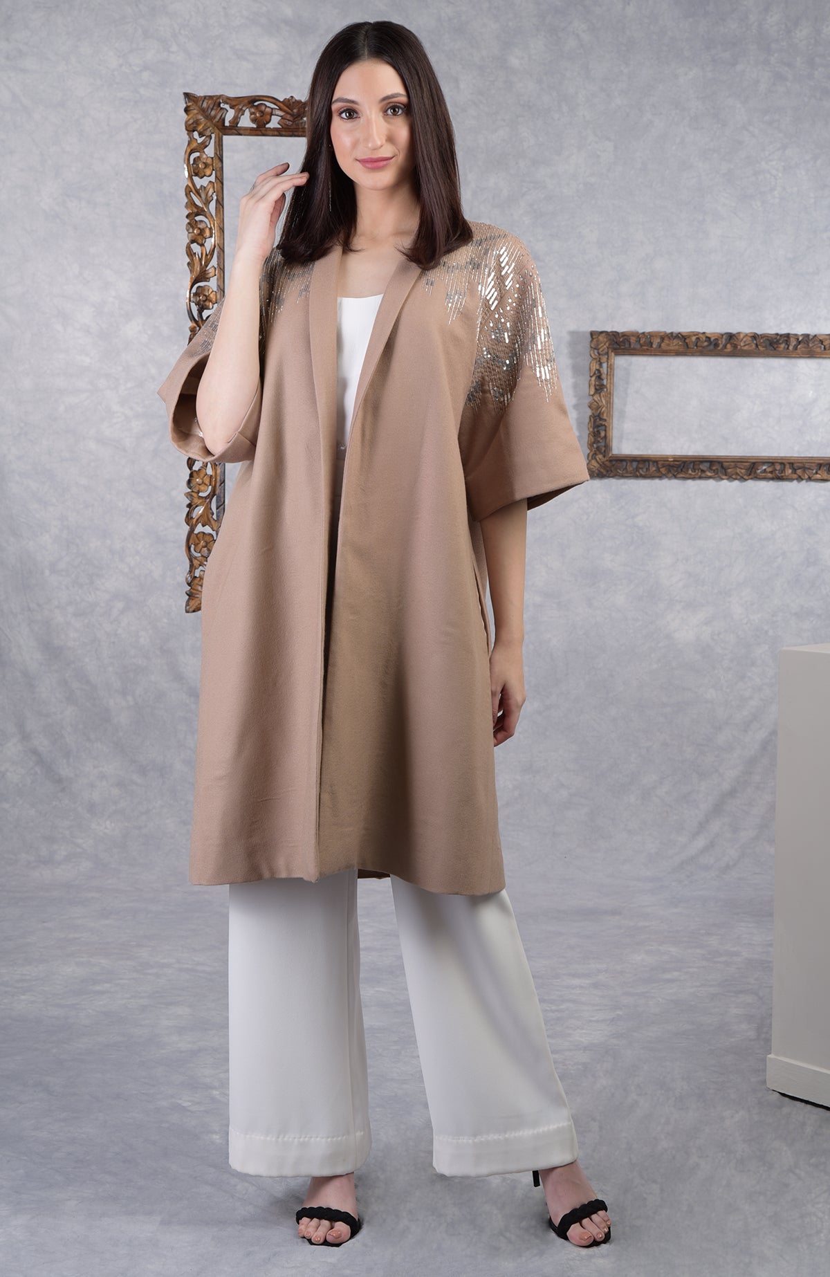Camel beige wool crepe kimono jacket with silver sequin and cutbead embroidery on shoulders and sleeves