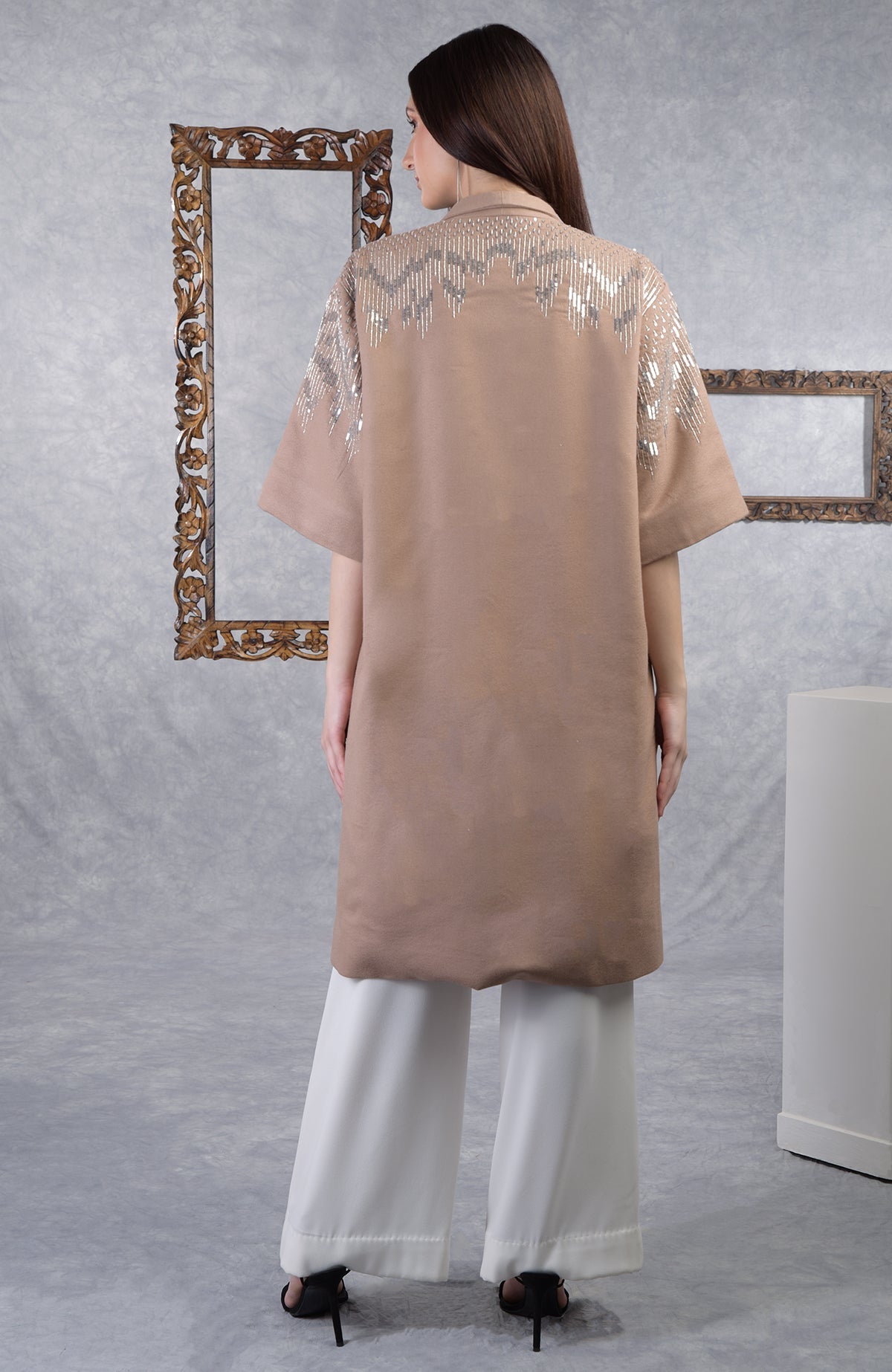 Camel beige wool crepe kimono jacket with silver sequin and cutbead embroidery on shoulders and sleeves