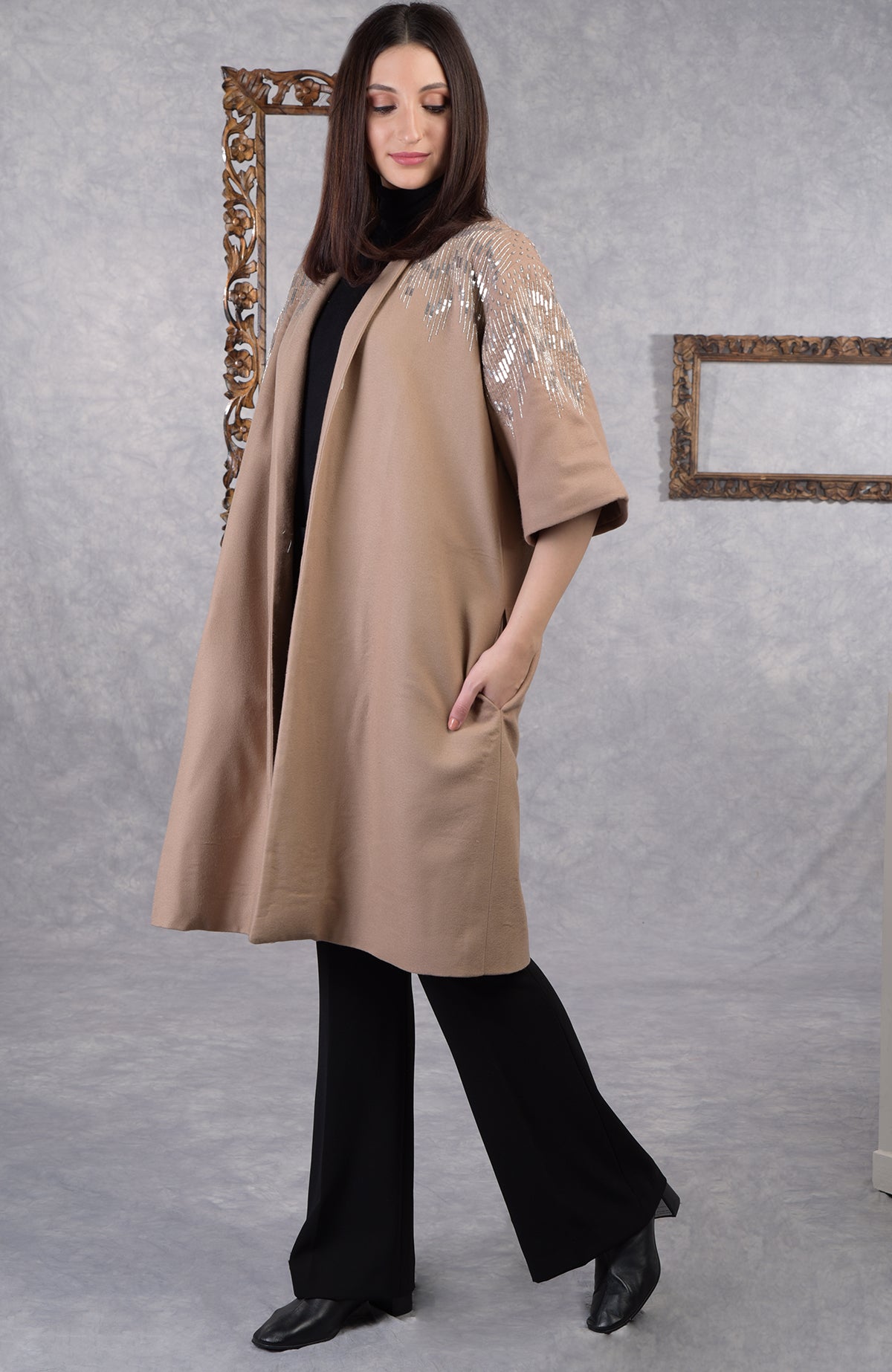 Camel beige wool crepe kimono jacket with silver sequin and cutbead embroidery on shoulders and sleeves