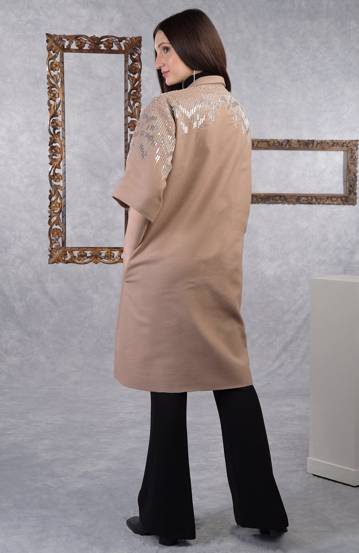 Camel beige wool crepe kimono jacket with silver sequin and cutbead embroidery on shoulders and sleeves