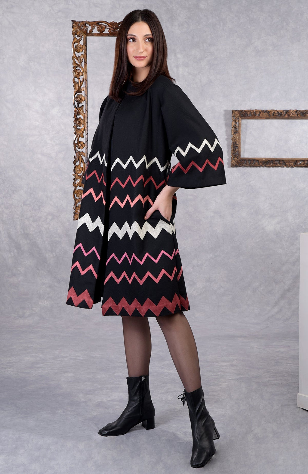 Black wool crepe kimono jacket with embroidered copper and silver chevron patterns and bell sleeves