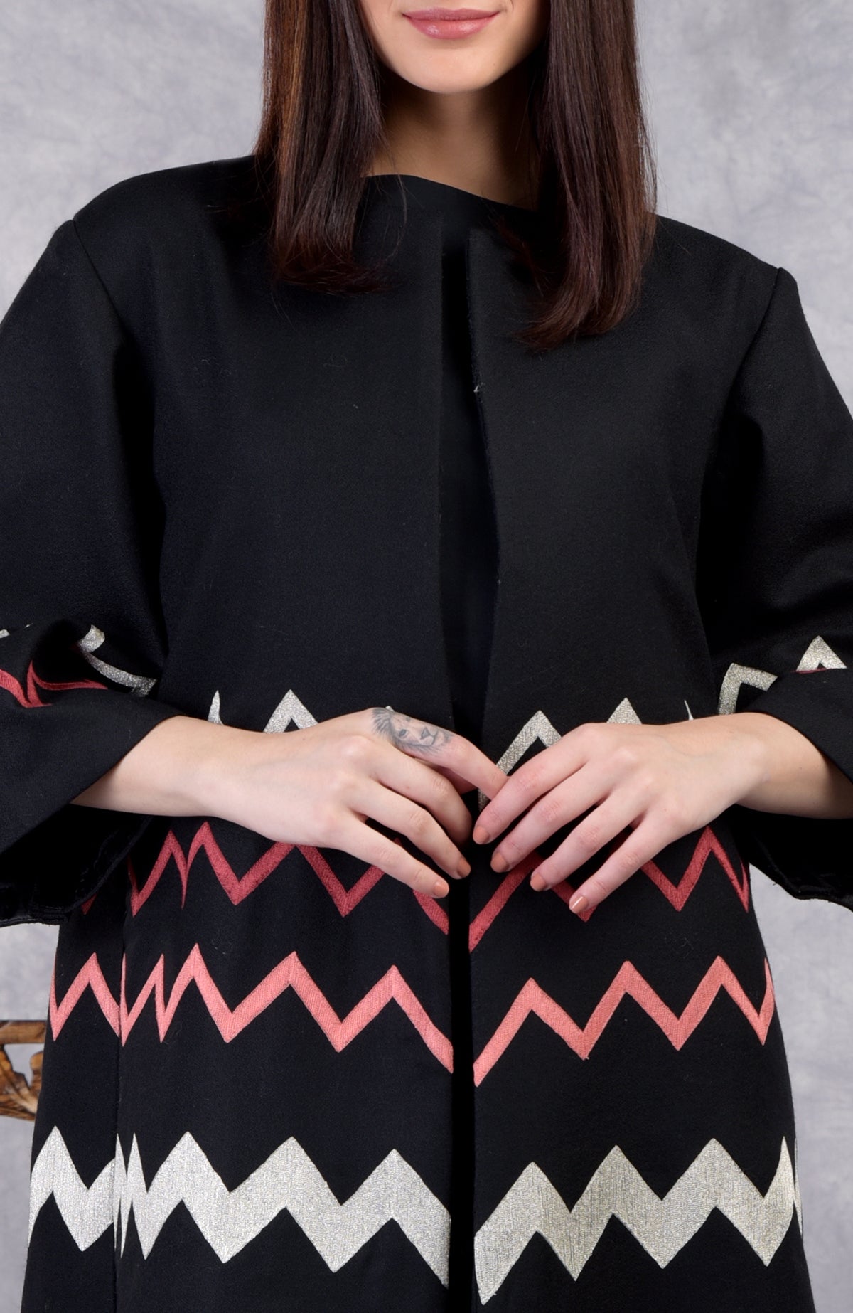 Black wool crepe kimono jacket with chevron embroidery and 3/4 bell sleeves and pockets