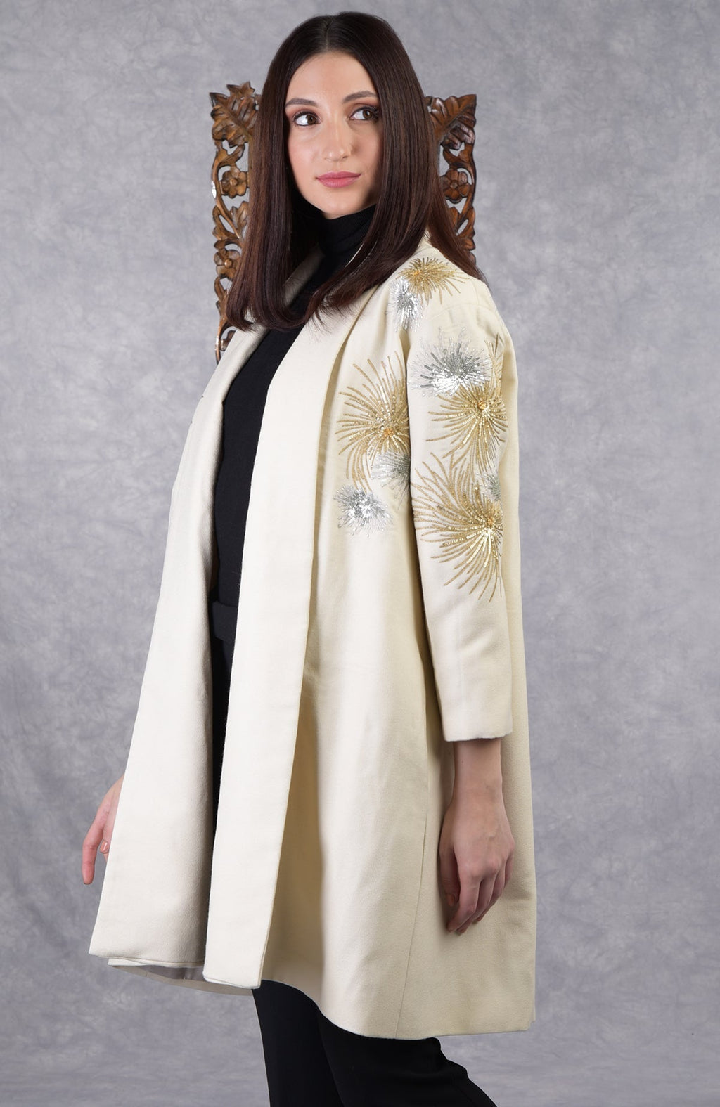 Ivory wool crepe kimono jacket with gold and silver starburst embroidery and shawl collar