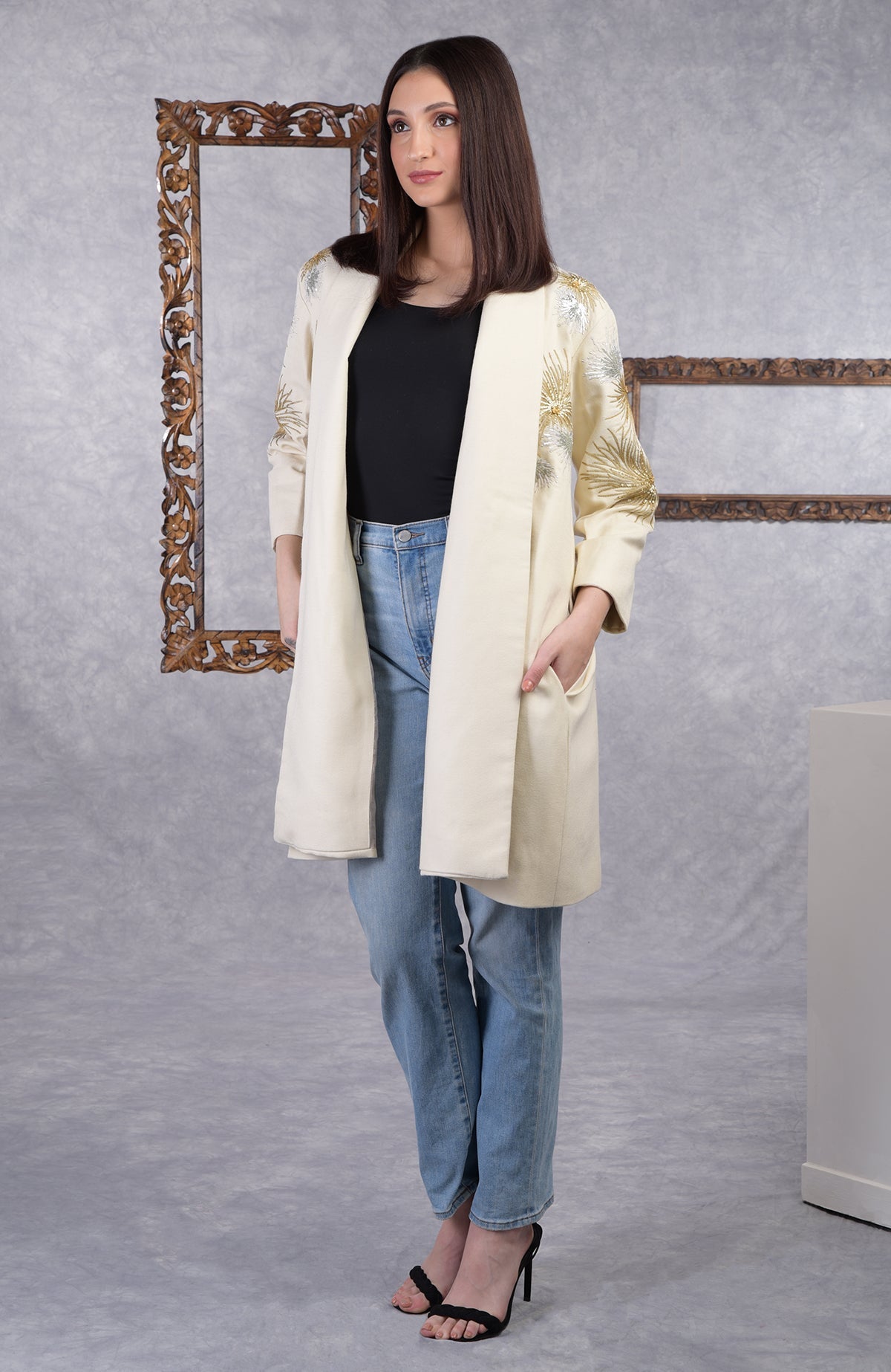 Ivory wool crepe kimono jacket with golden and silver starburst embroidery on shoulders and sleeves