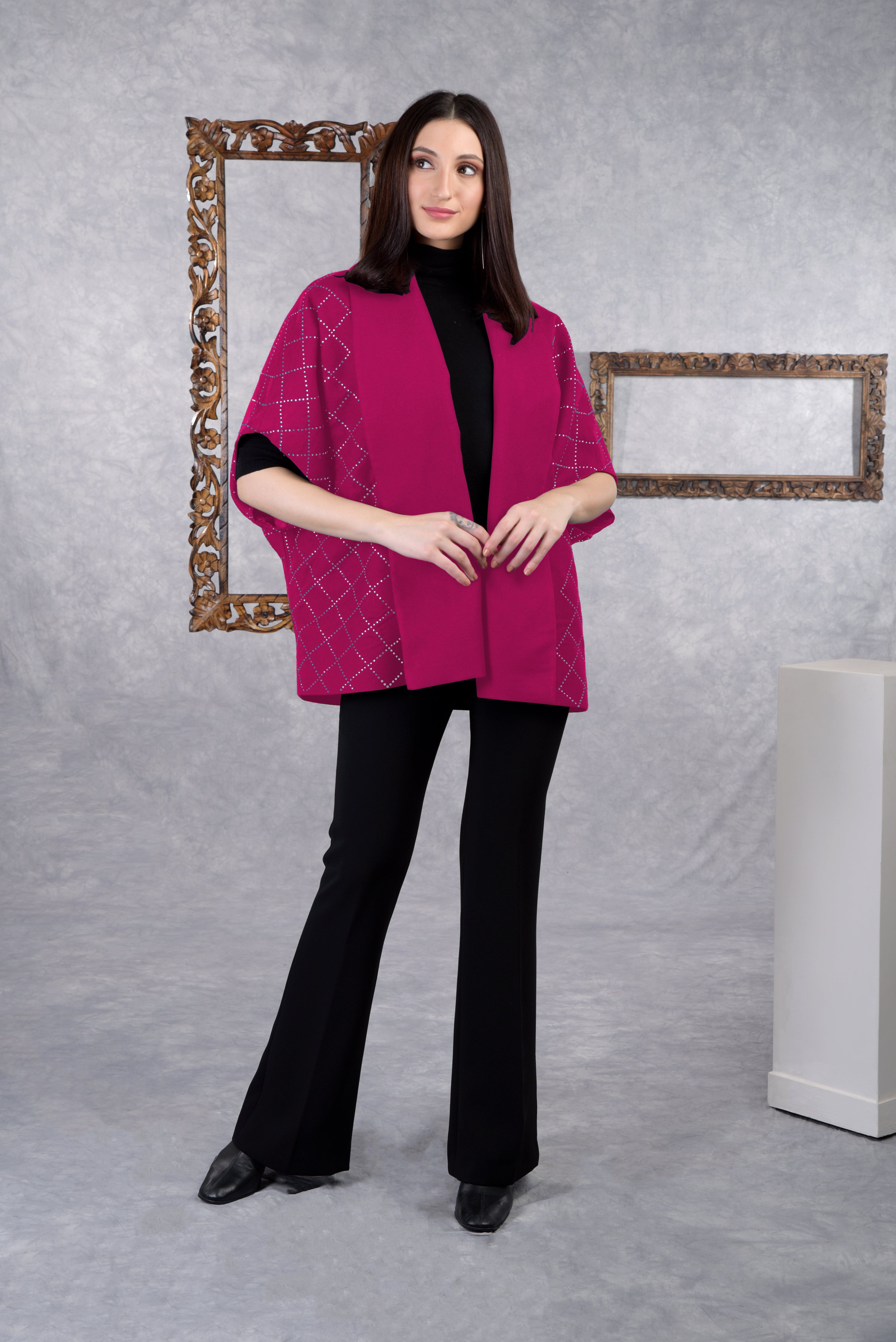 Navy checkered wool crepe jacket with Swarovski crystals and shawl collar, open front design.