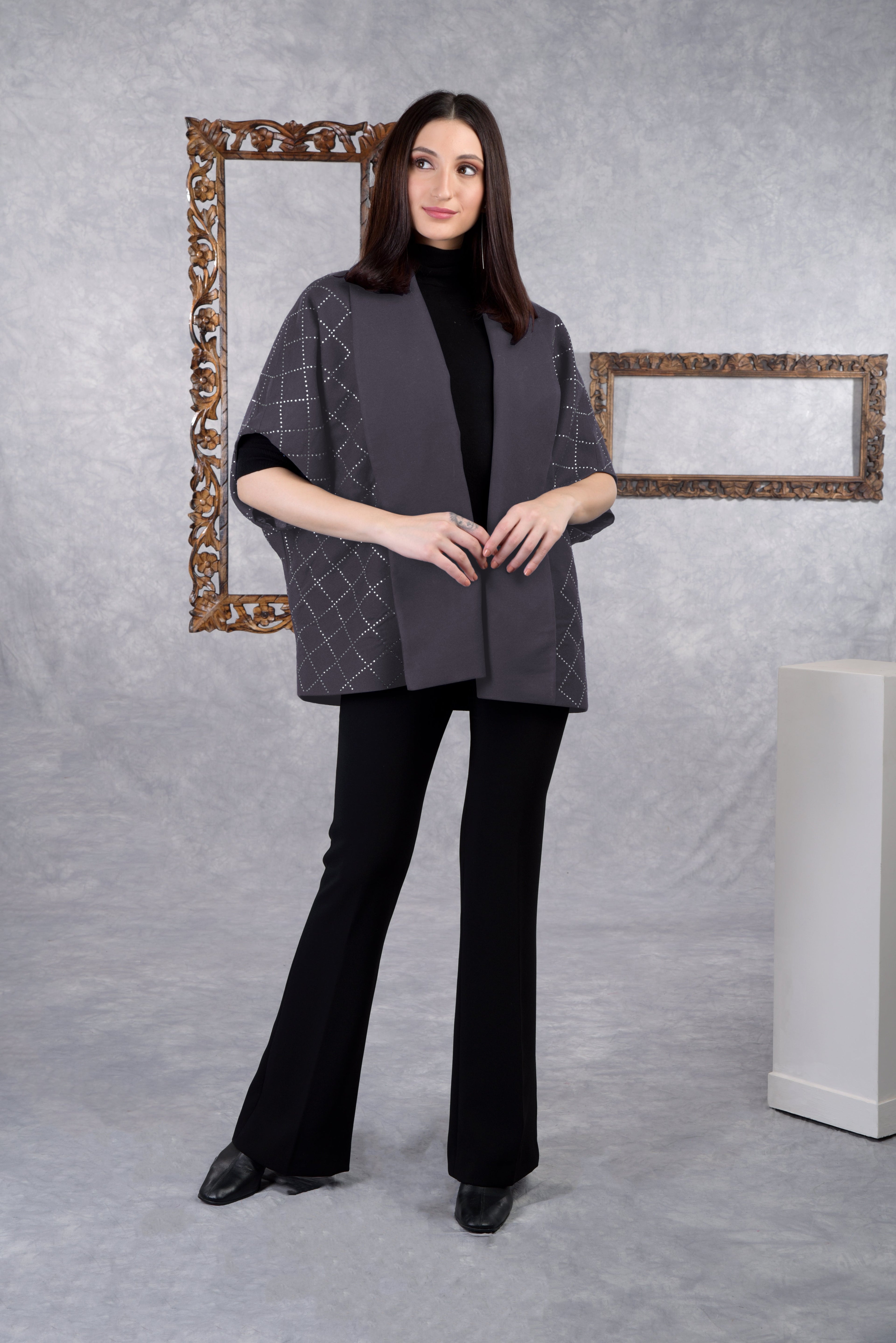 Navy checkered wool crepe jacket with shawl collar and light sapphire Swarovski crystals.