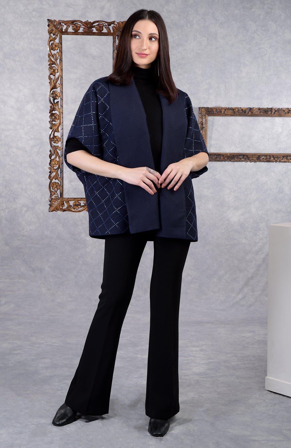 Navy checkered pure wool crepe jacket with Swarovski crystals and shawl collar.