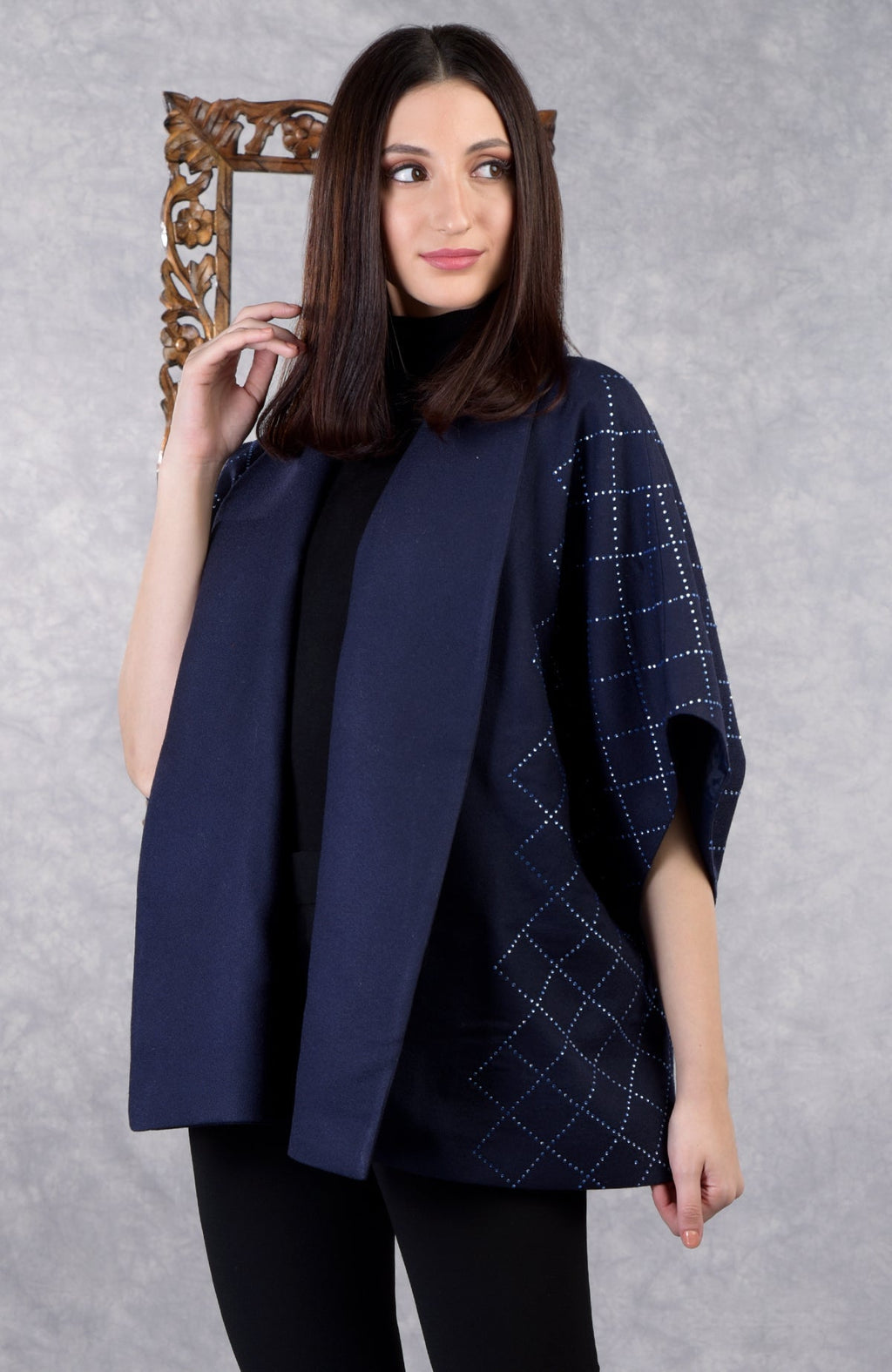 Navy checkered pure wool crepe jacket with Swarovski crystals and shawl collar.