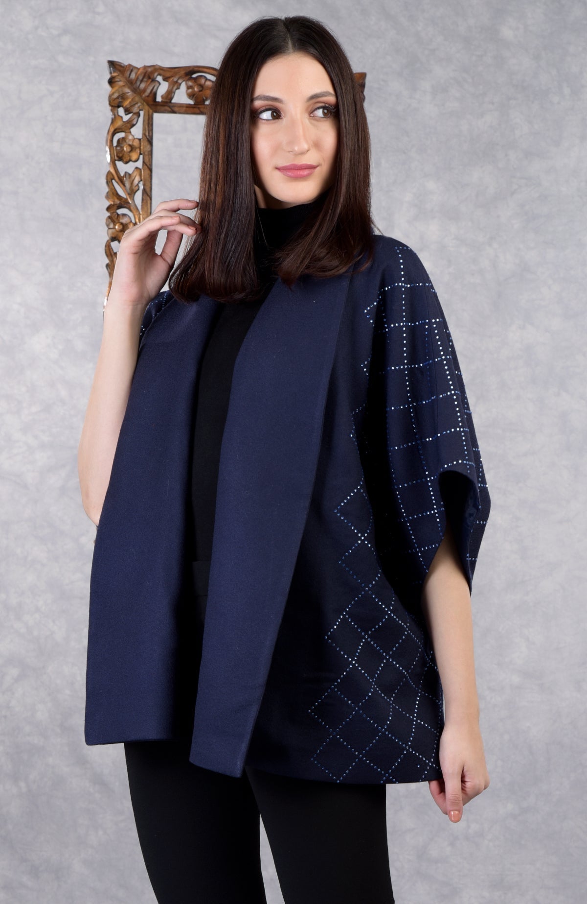 Navy checkered pure wool crepe jacket with Swarovski crystals and shawl collar.