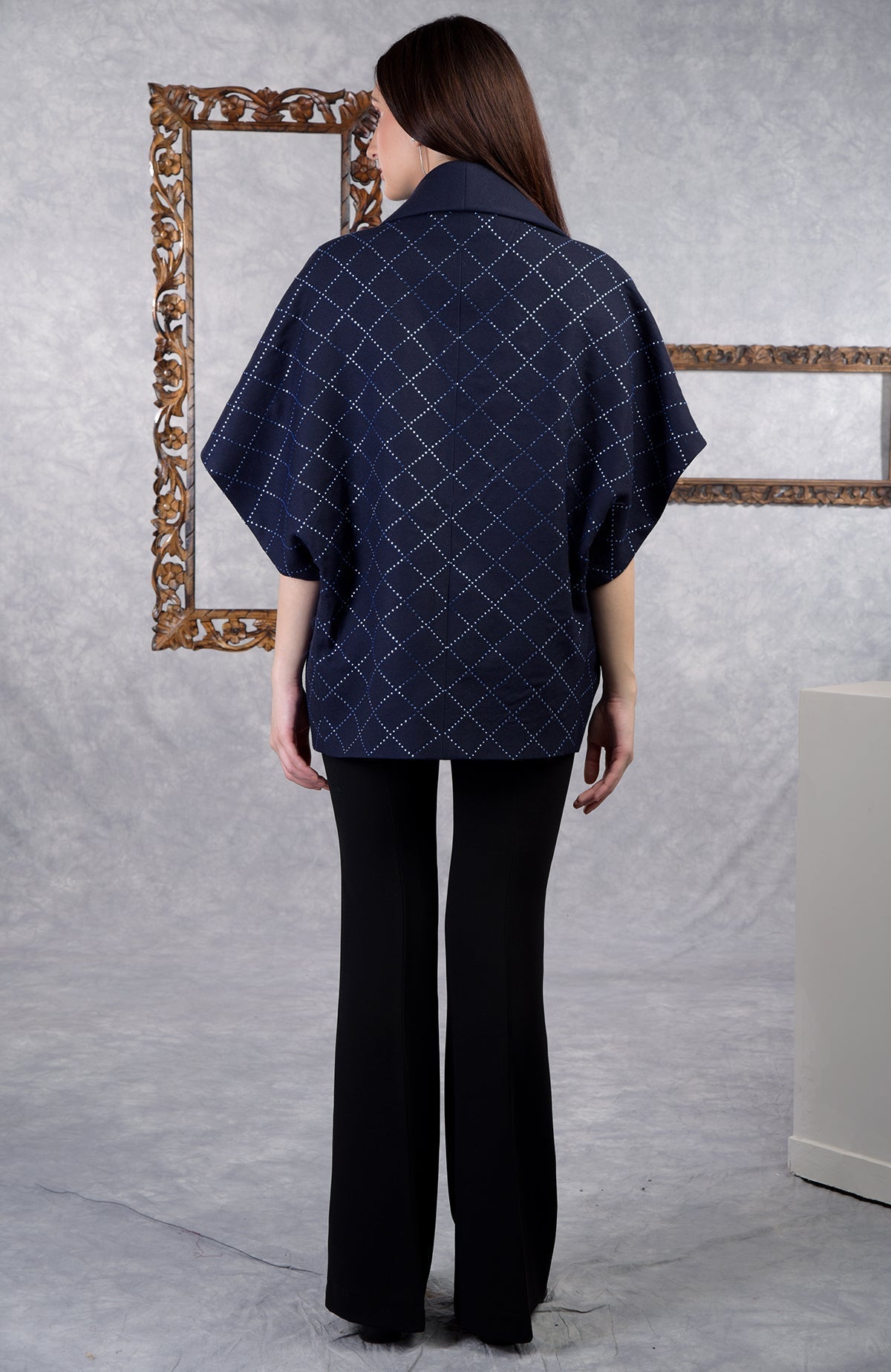 Navy checkered wool crepe jacket with Swarovski crystals and shawl collar, open front design.
