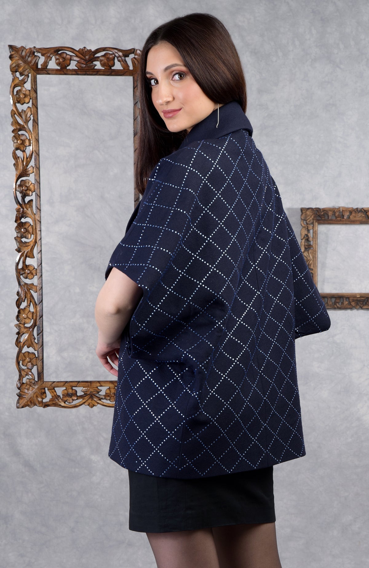 Navy checkered wool crepe jacket with shawl collar and sapphire Swarovski crystal accents