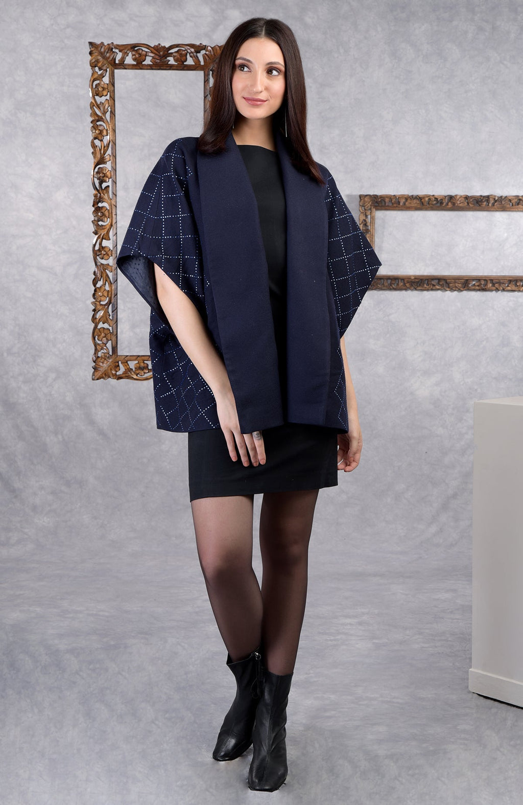 Navy checkered wool crepe jacket with Swarovski crystals and shawl collar, open front design.