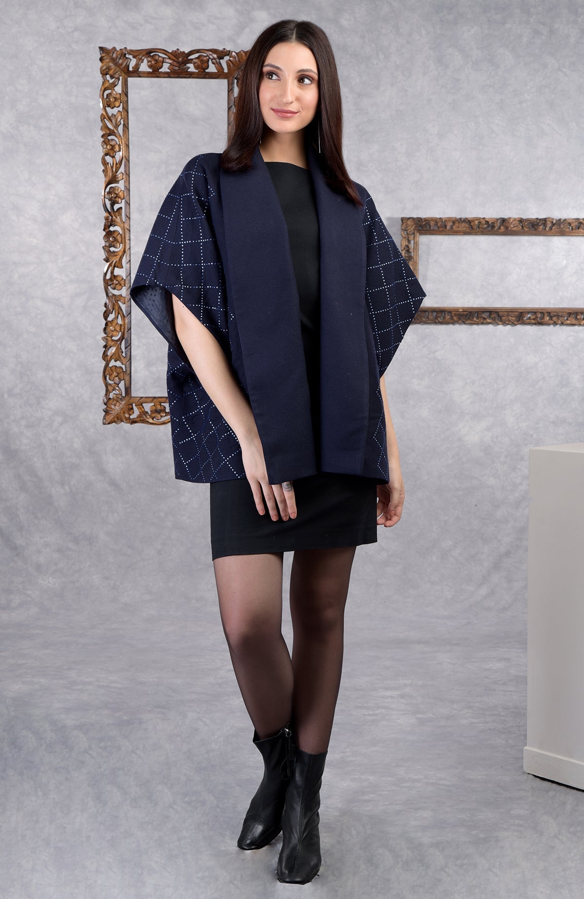 Navy checkered wool crepe jacket with Swarovski crystals and shawl collar, open front design.