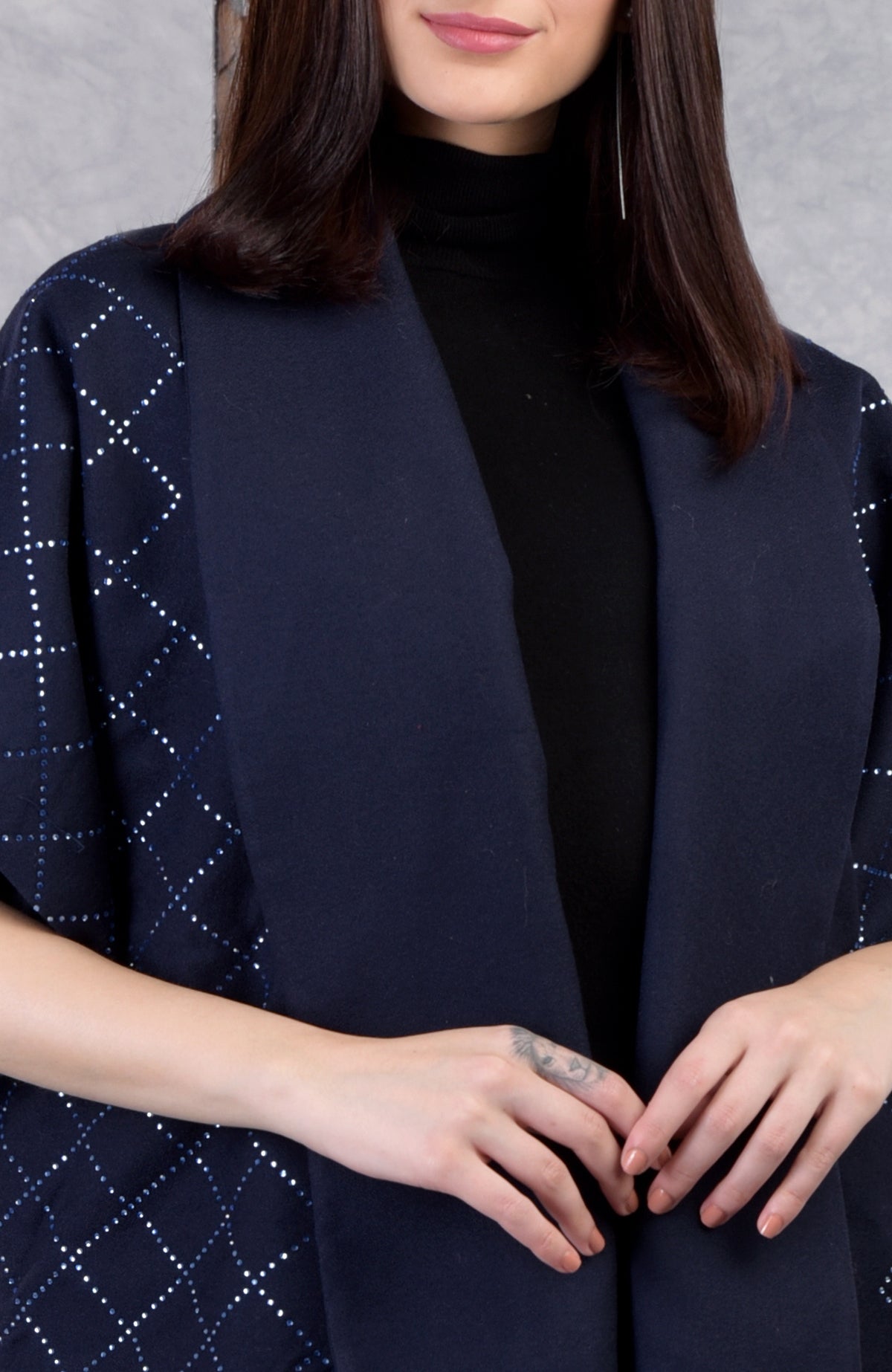 Navy checkered wool crepe jacket with Swarovski crystals and shawl collar, open front design.