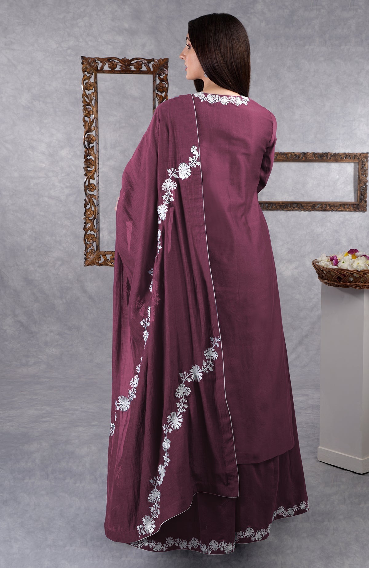 Burgundy purple chanderi sharara suit with white Kashmiri Bagh thread embroidery and dupatta.