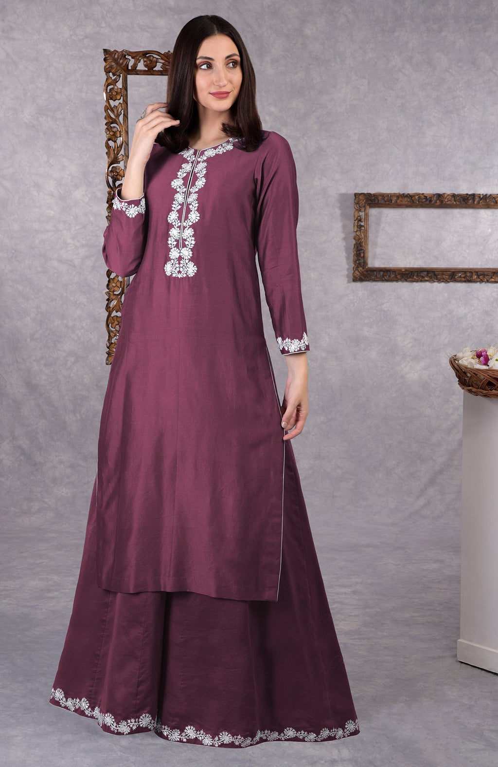 Burgundy purple chanderi sharara suit with white Kashmiri Bagh inspired thread embroidery and dupatta.