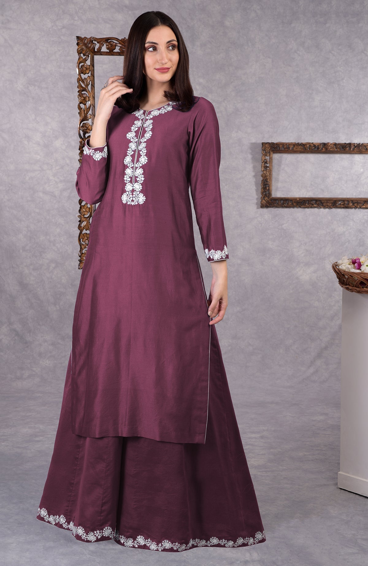 Burgundy purple chanderi sharara suit with white Kashmiri Bagh inspired thread embroidery and dupatta.
