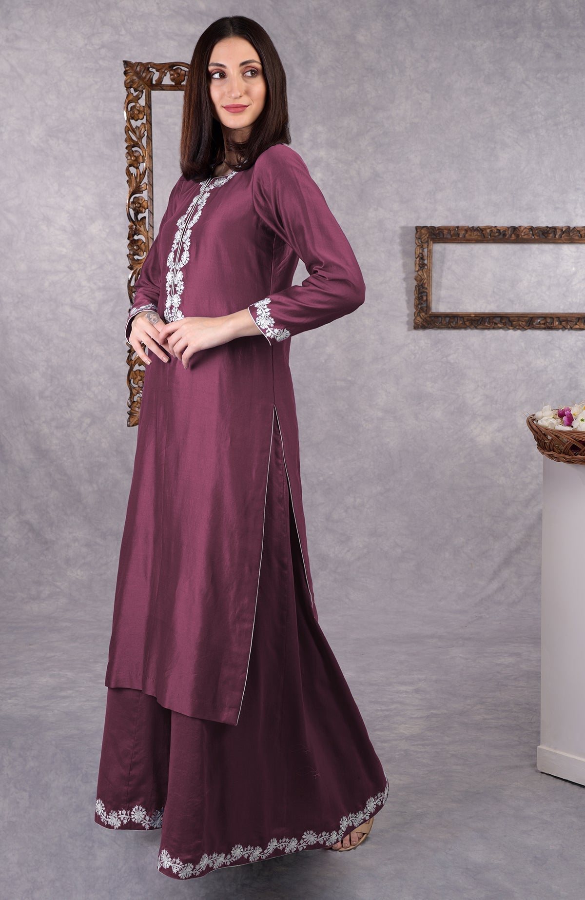 Burgundy purple chanderi sharara suit with white Kashmiri Bagh inspired thread embroidery.