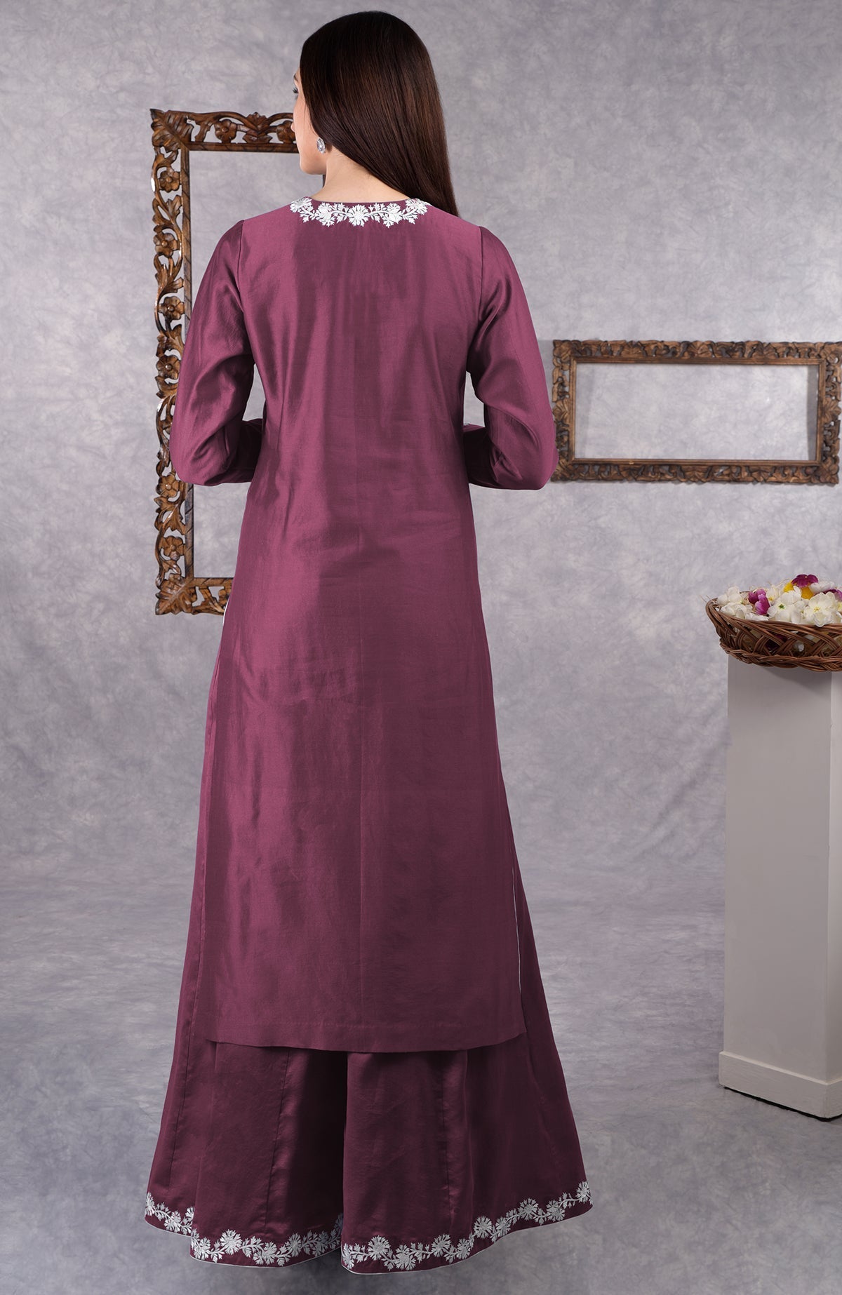 Burgundy purple Kashmiri sharara suit with white thread embroidery and chanderi fabric details